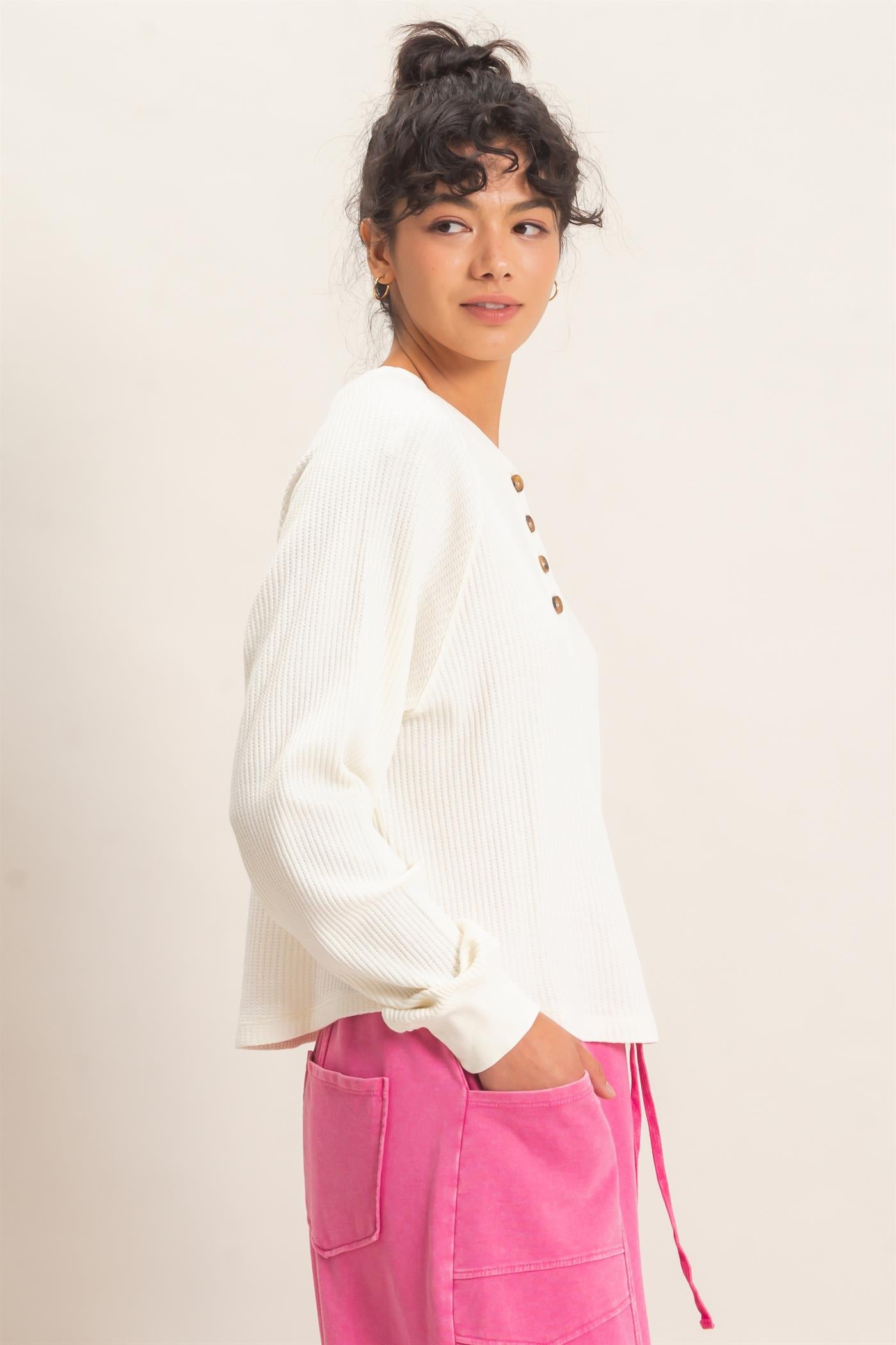 Wholesale Mineral Wash Waffle Knit Henley Top Sweatshirts DZ26E947 CREAM DOUBLE ZERO