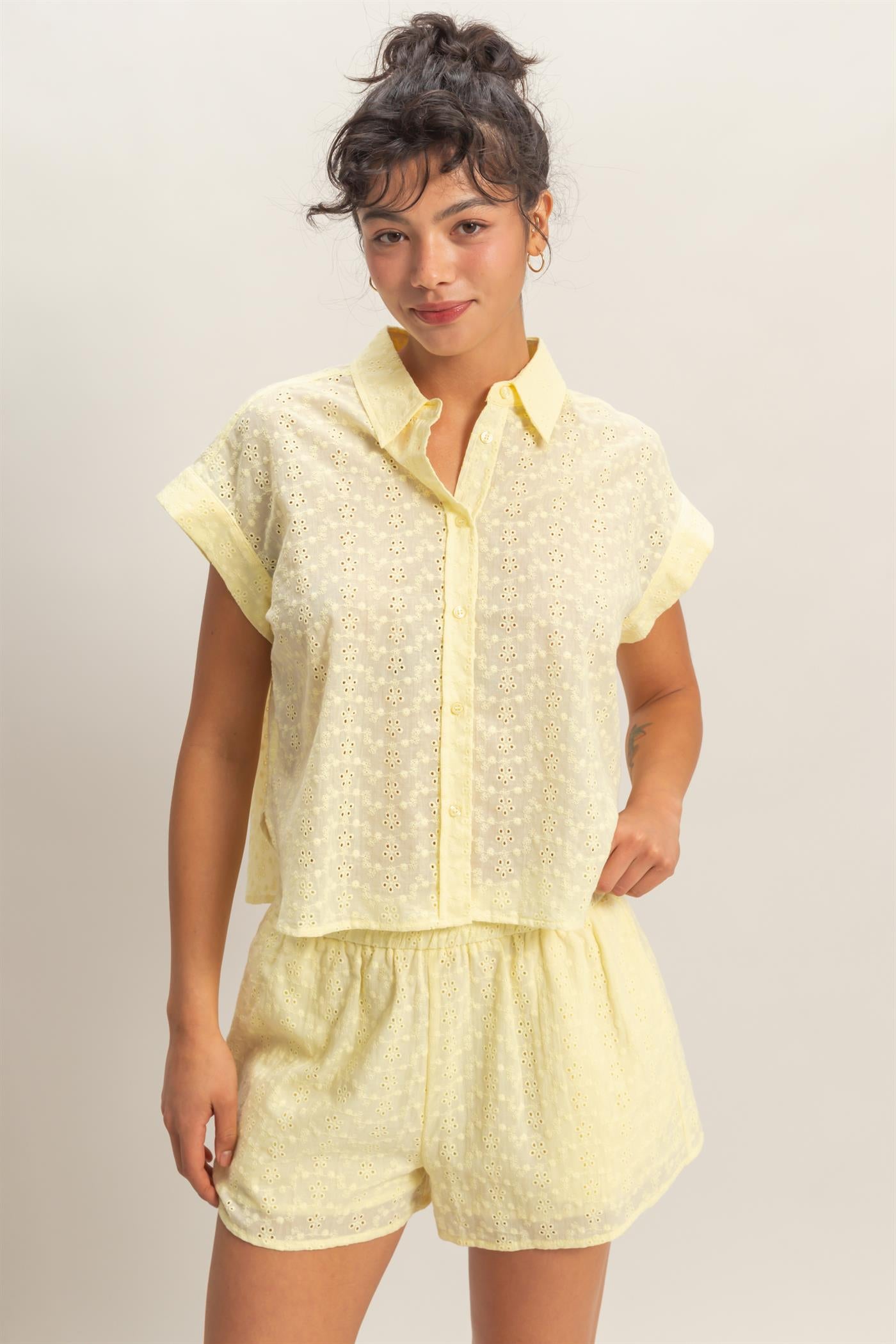 Wholesale Eyelet Dolman Short Sleeve Button Up Shirt Clothing Tops DZ26C088 PALE YELLOW DOUBLE ZERO