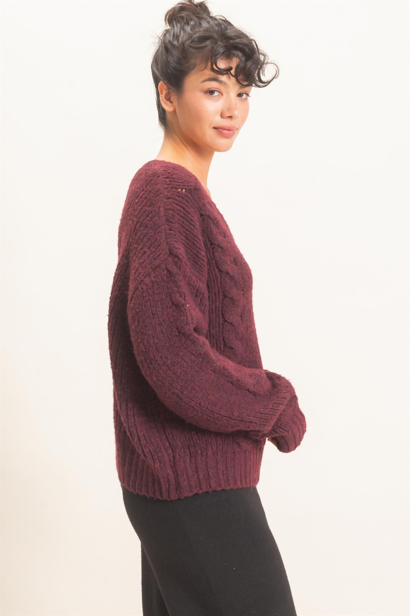 Wholesale Cable Knit V-Neck Sweater Sweaters DZ26E107 DARK CHERRY DOUBLE ZERO