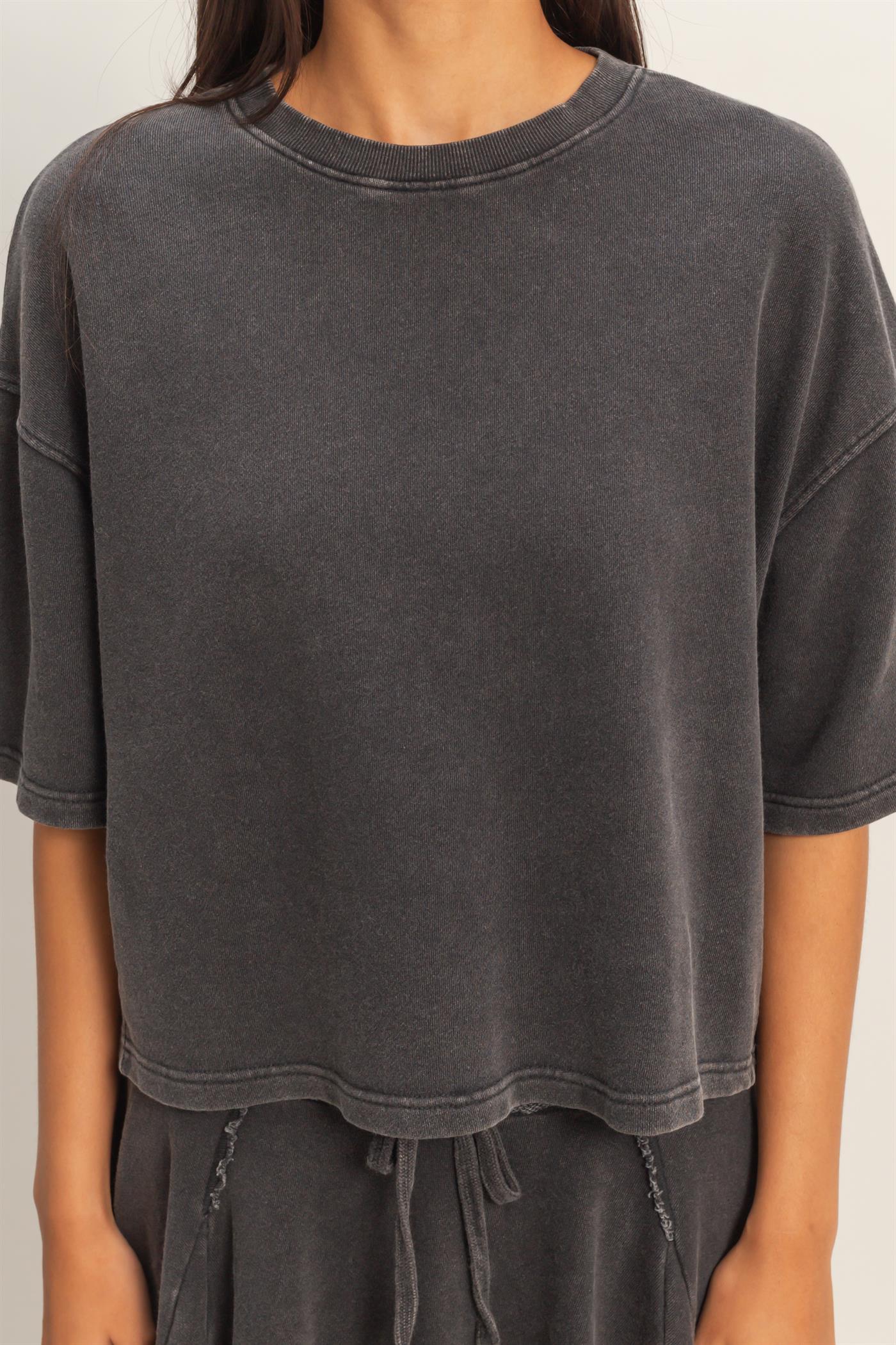 Wholesale Acid Wash Boxy Crew Neck Top T-Shirts DZ26C093 BLACK DOUBLE ZERO