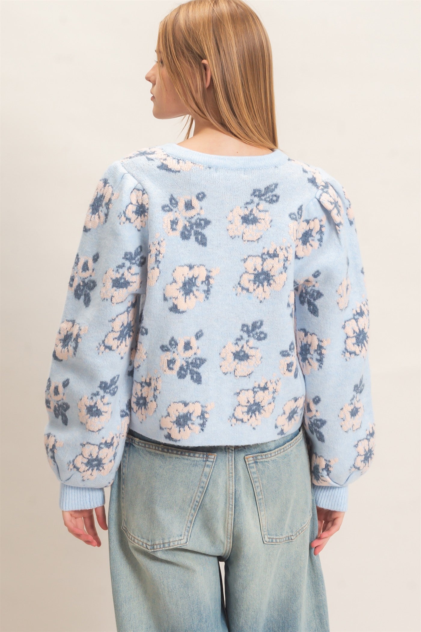 Wholesale Floral Jacquard Ruffle Placket Cardigan Cardigans HF26F148 BLUE HYFVE