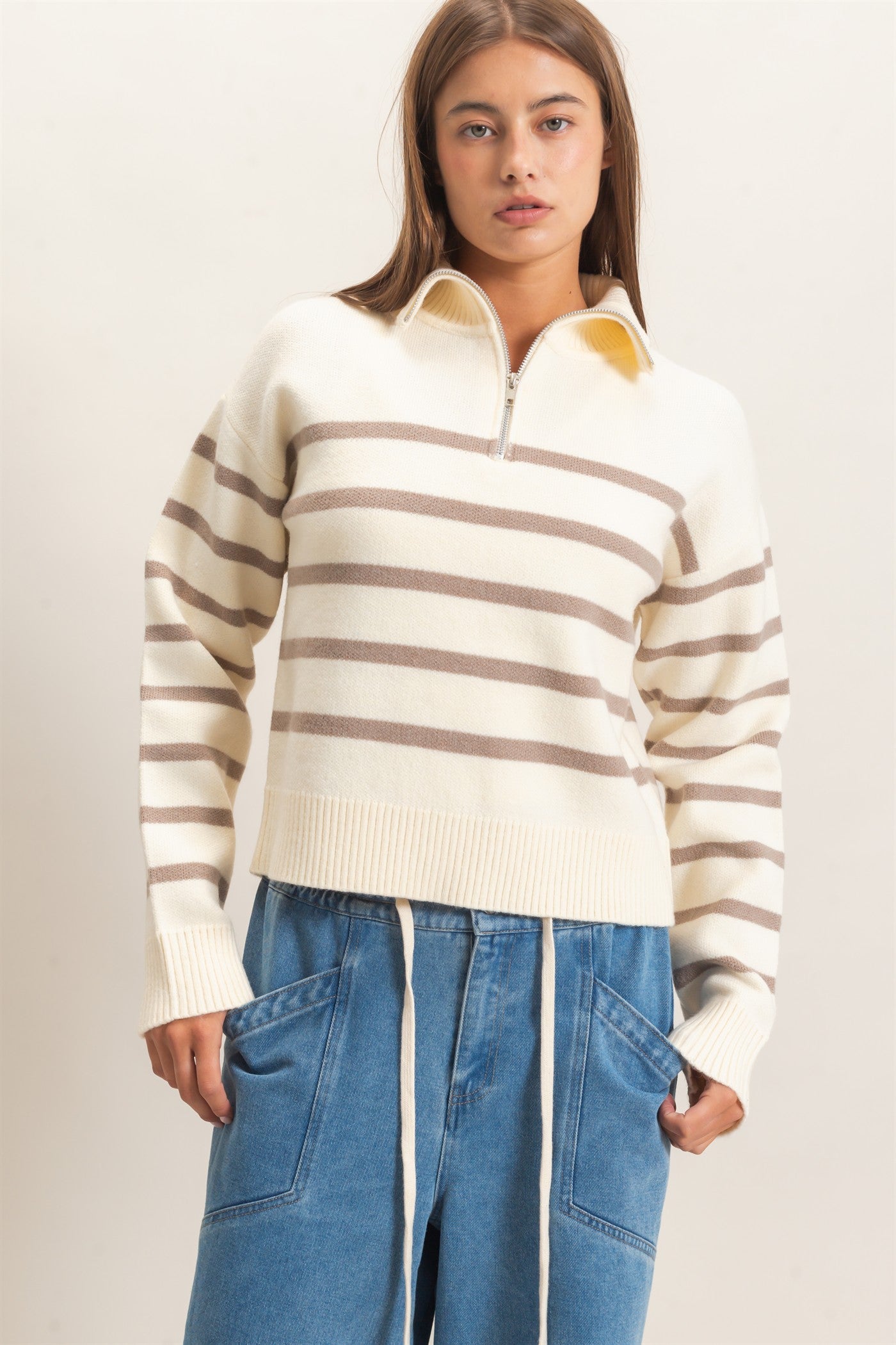 Wholesale Half-Zip Collared Stripe Sweater Sweaters DZ26E950 TAUPE DOUBLE ZERO