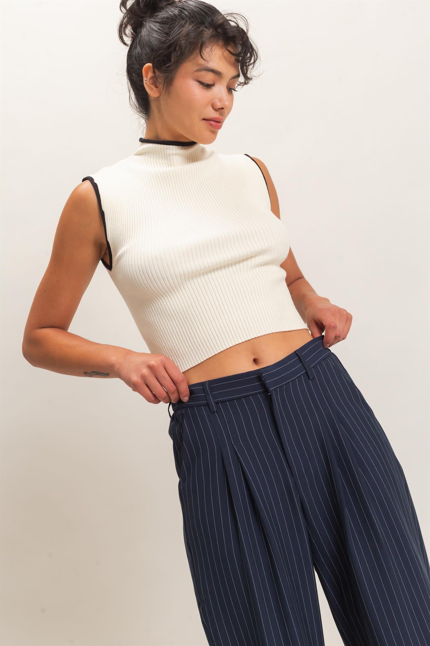 Wholesale Ribbed Mock Neck Sleeveless Top Clothing Tops DZ26E777 CREAM DOUBLE ZERO