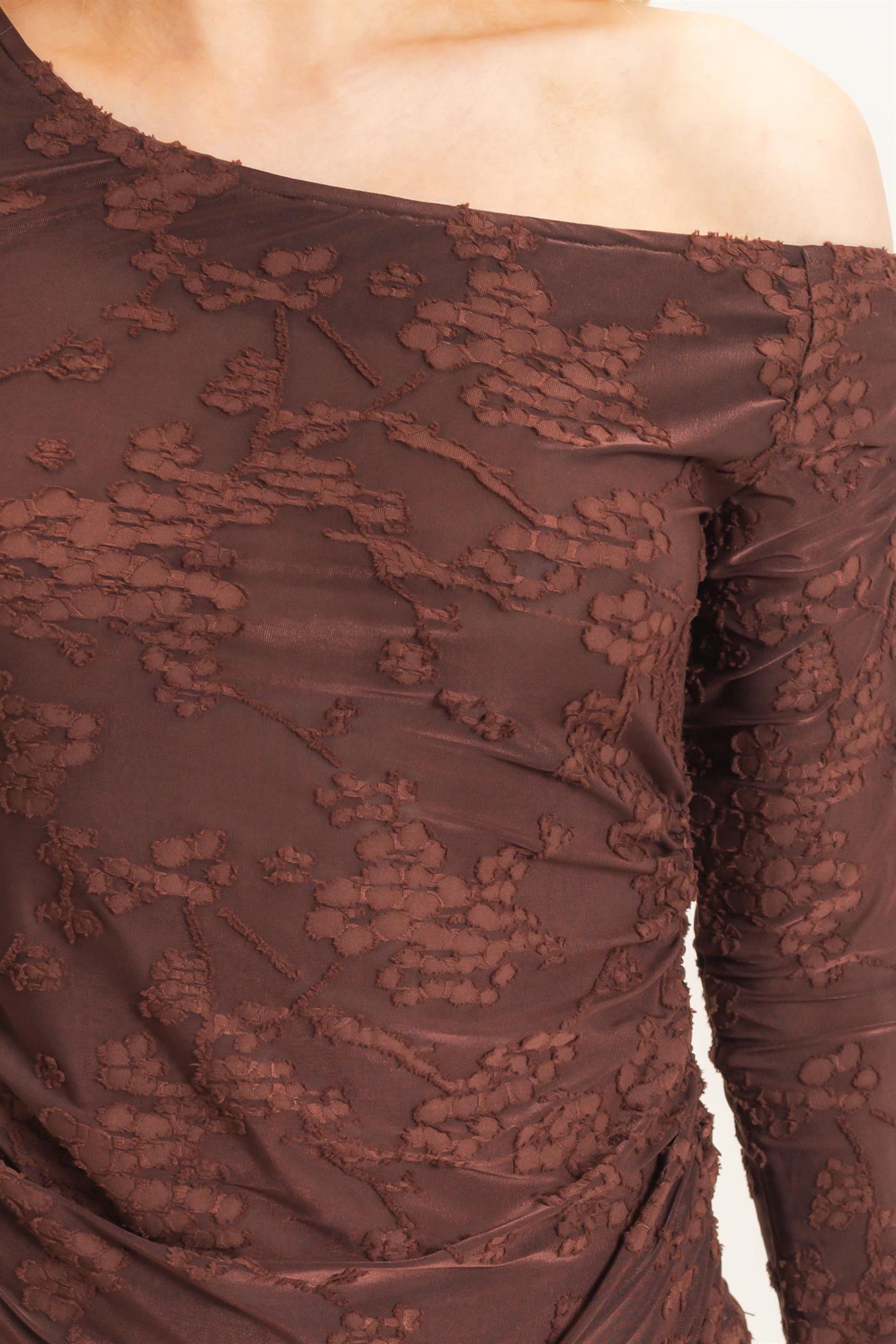 Wholesale Textured Mesh Off-Shoulder Top Blouses HF26F043 BROWN HYFVE