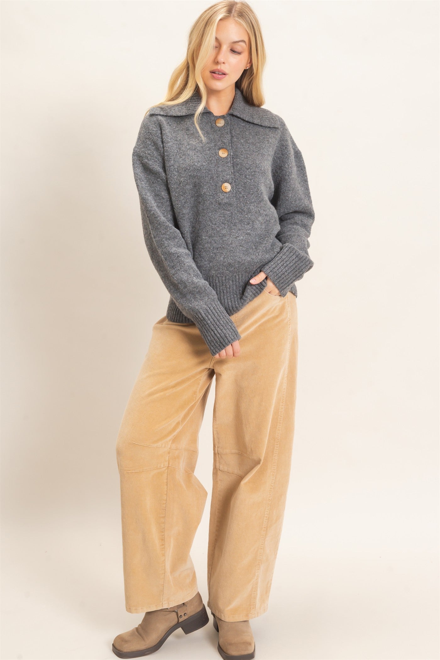 Wholesale Button-Up Collared Sweater Sweaters HF26E752 GRAY HYFVE