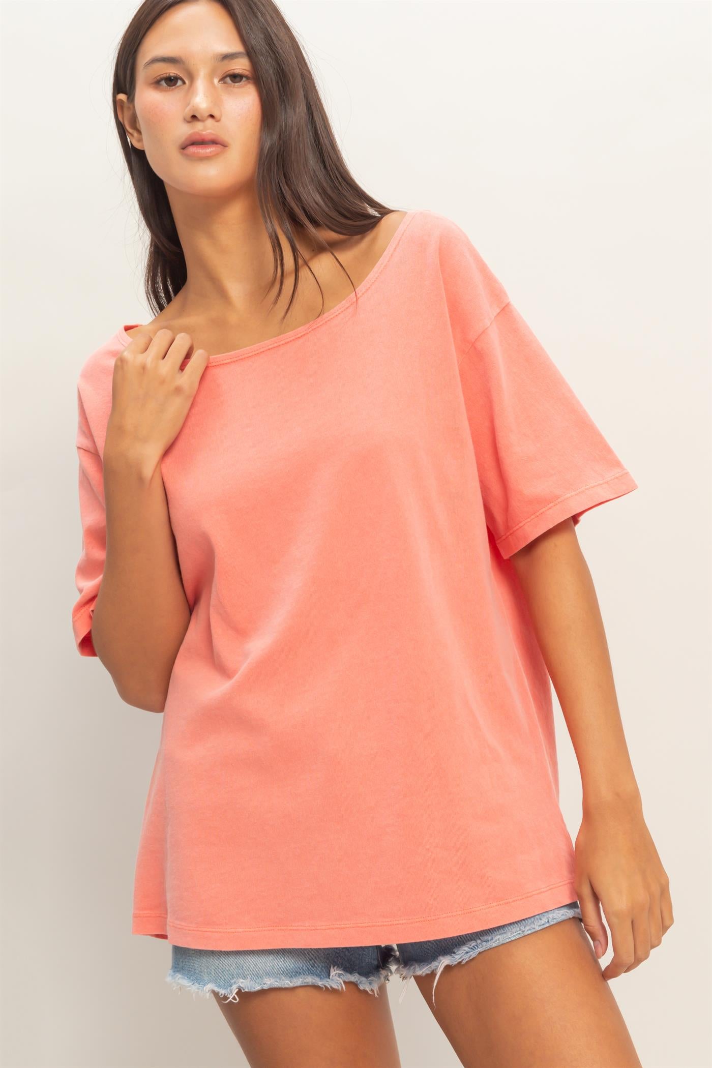 Wholesale Boat Neck Short Sleeve Basic Tee Clothing Tops DZ25E242 CORAL DOUBLE ZERO