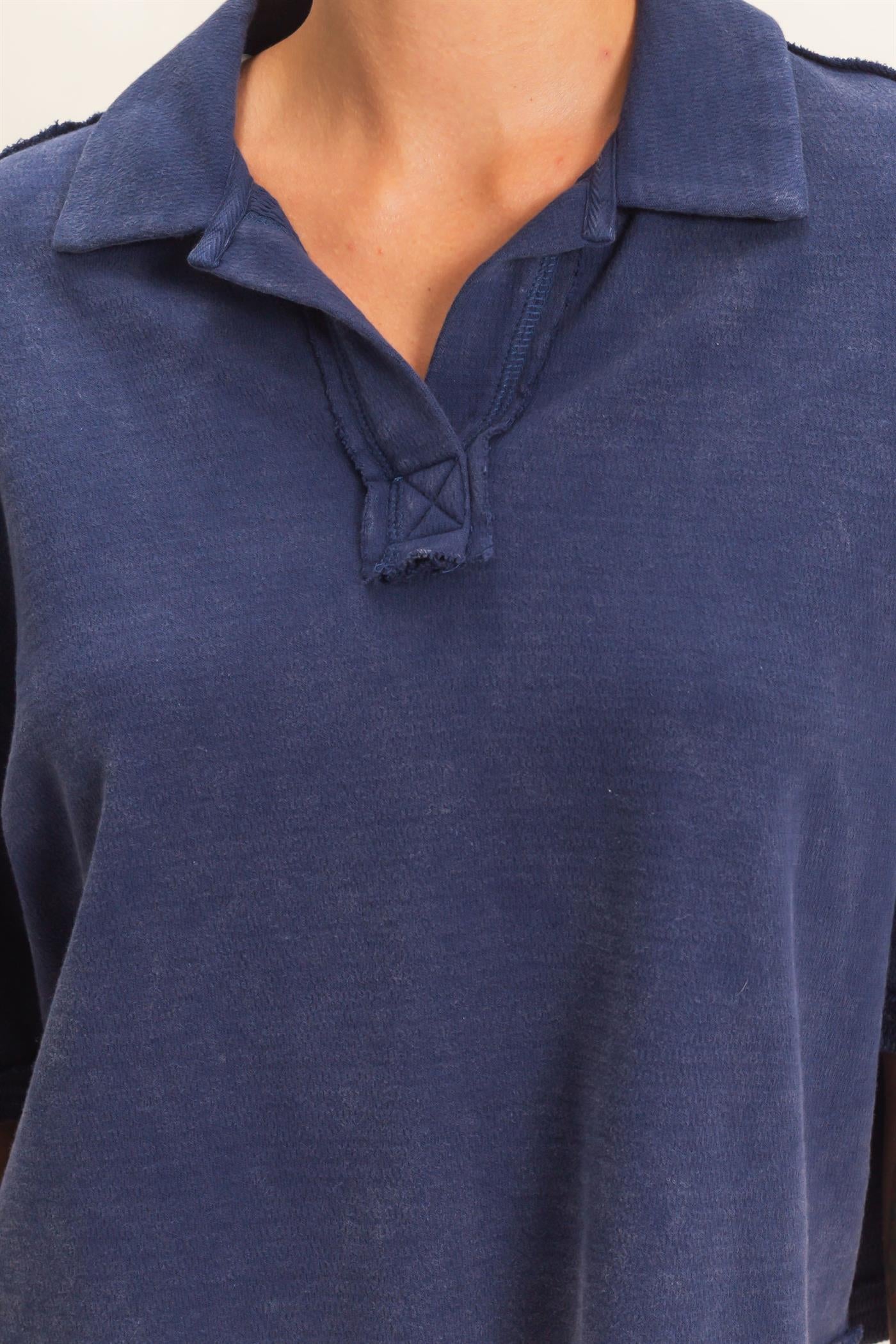 Wholesale Mineral Wash Oversized Collar Short Sleeve Top Clothing Tops DZ26E813 NAVY DOUBLE ZERO