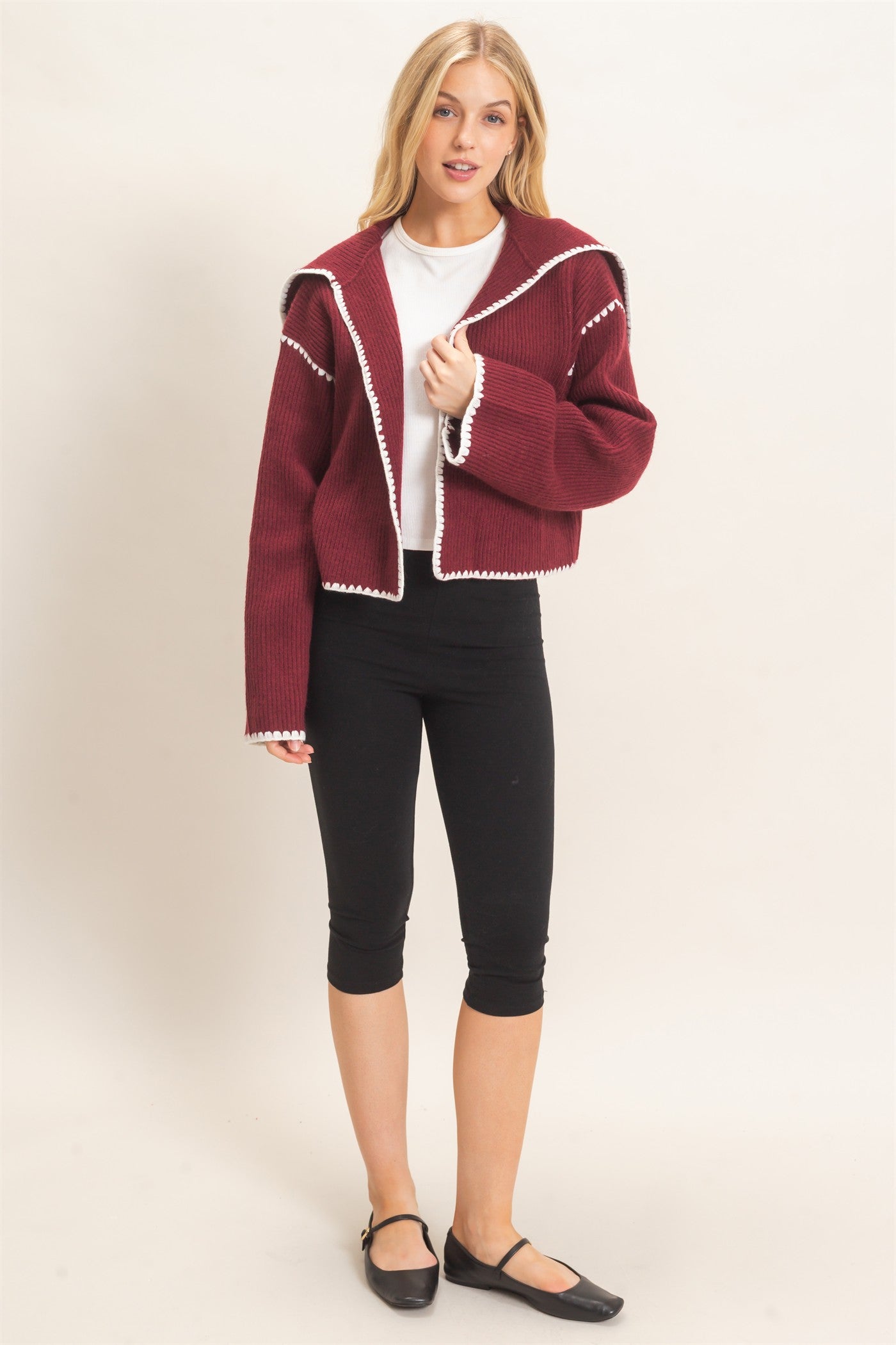 Wholesale Collared Cardigan Sweater With Picot Trim Cardigans HF26E897 MERLOT HYFVE