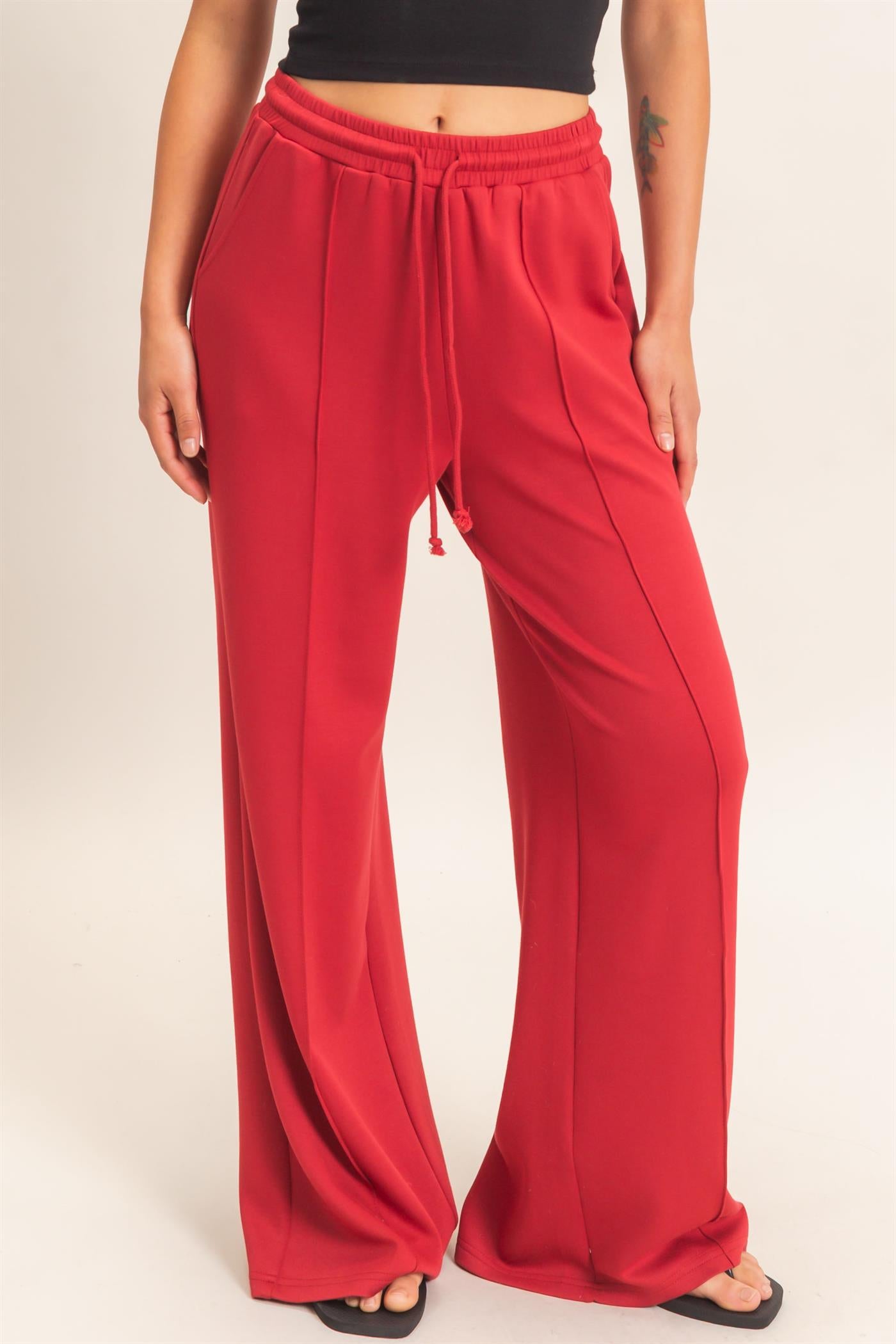 Wholesale Drawstring Waist Pintuck Wide Leg Pants Pants DZ26E384 DARK RED HYFVE