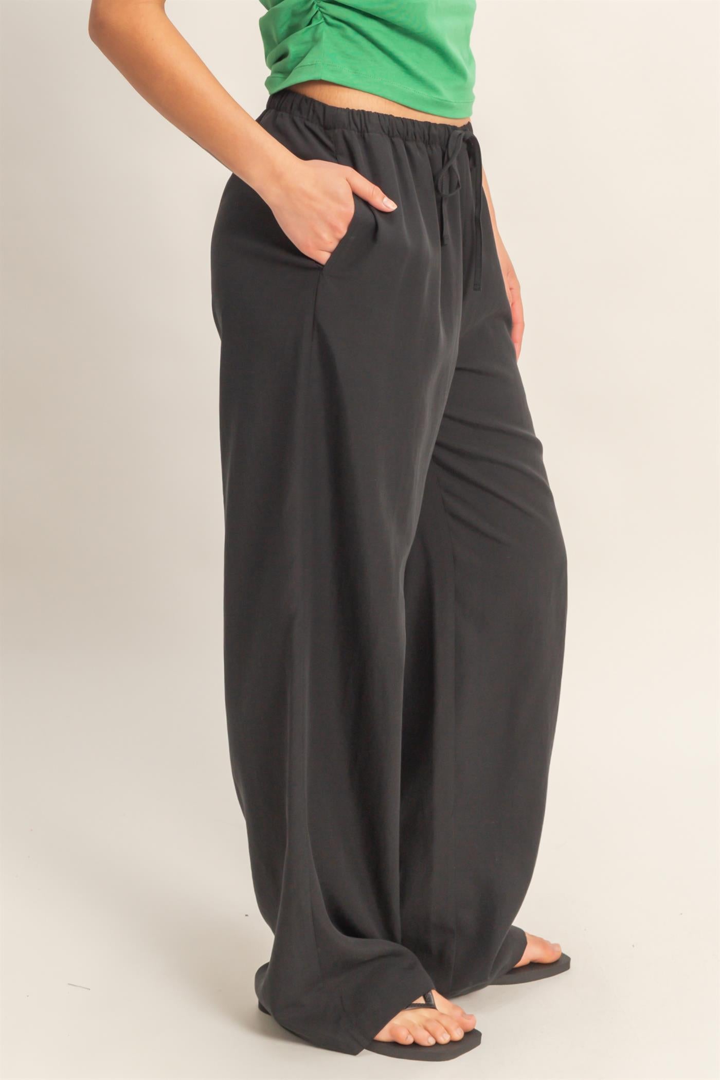 Wholesale Lyocell Linen Elastic Waist Straight Leg Pants Pants DZ26A979 BLACK DOUBLE ZERO