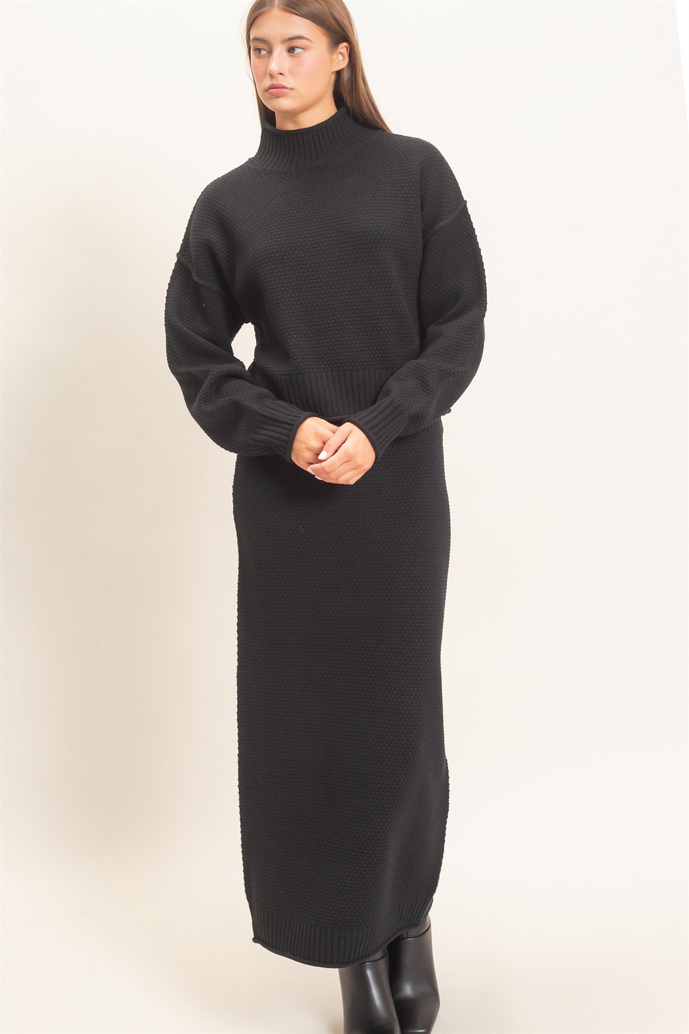 Wholesale High Neck Long Sleeve Top & Maxi Skirt Set Clothing DZ26E272-SET BLACK DOUBLE ZERO