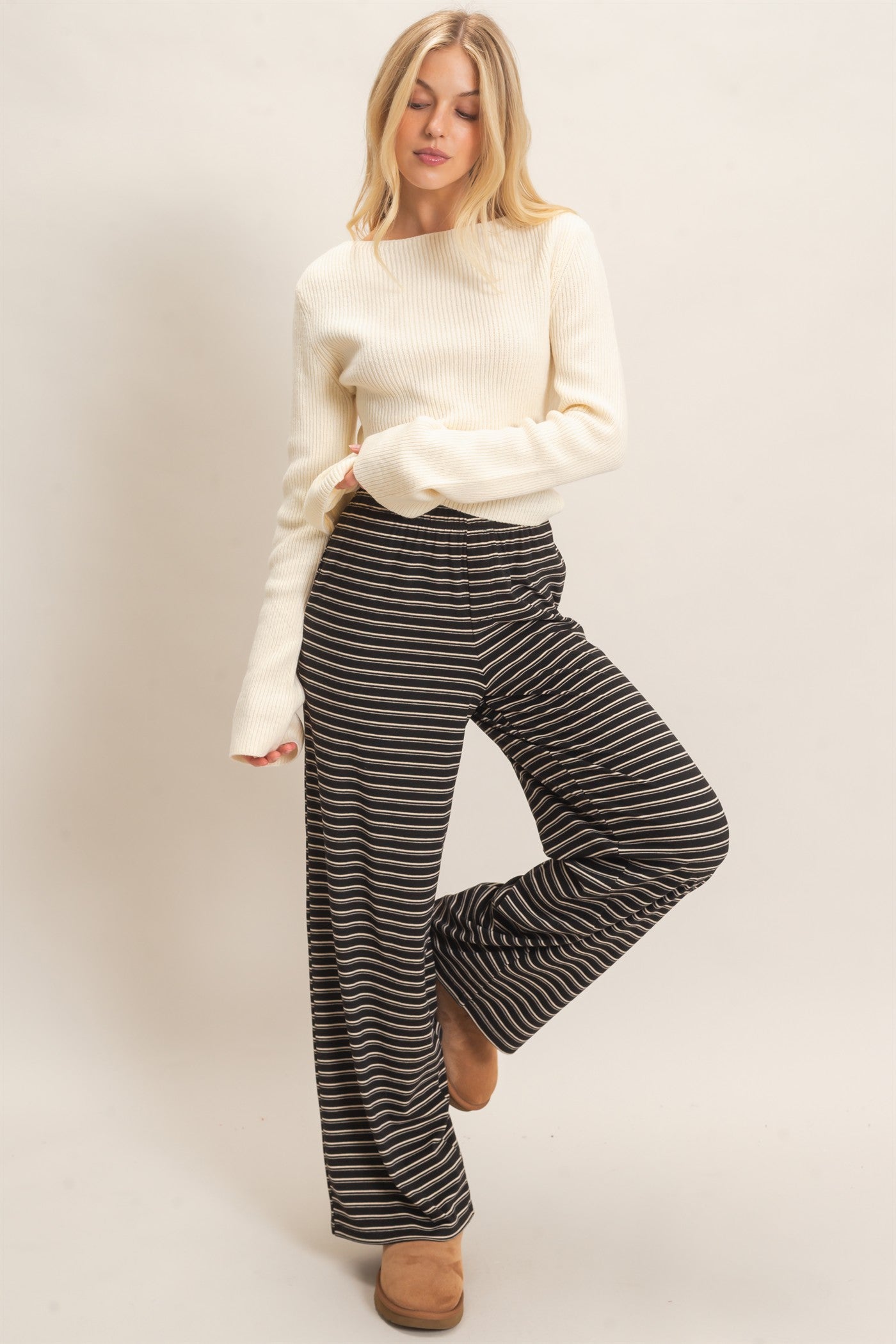 Wholesale Striped Elastic Waist Pants Pants HF26C677 BLACK HYFVE