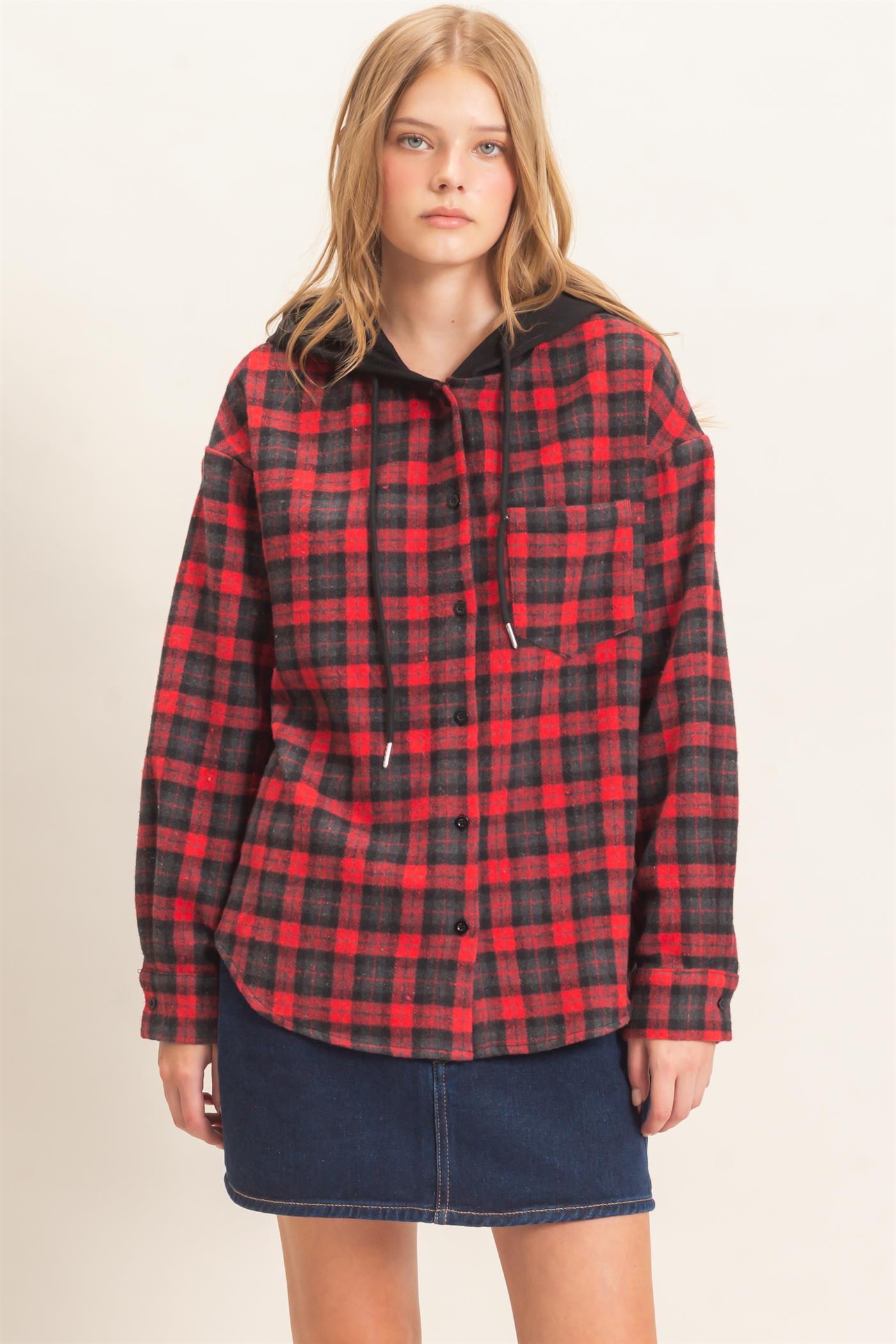 Wholesale Hooded Plaid Button-Up Shirt Shirts HF26F018 RED HYFVE