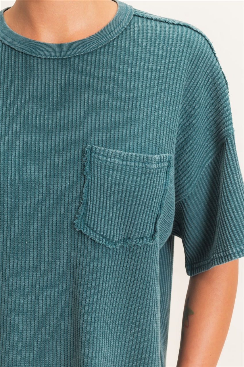 Wholesale Mineral Wash Waffle Knit Pocket Top Clothing Tops DZ26E222 DARK TEAL DOUBLE ZERO