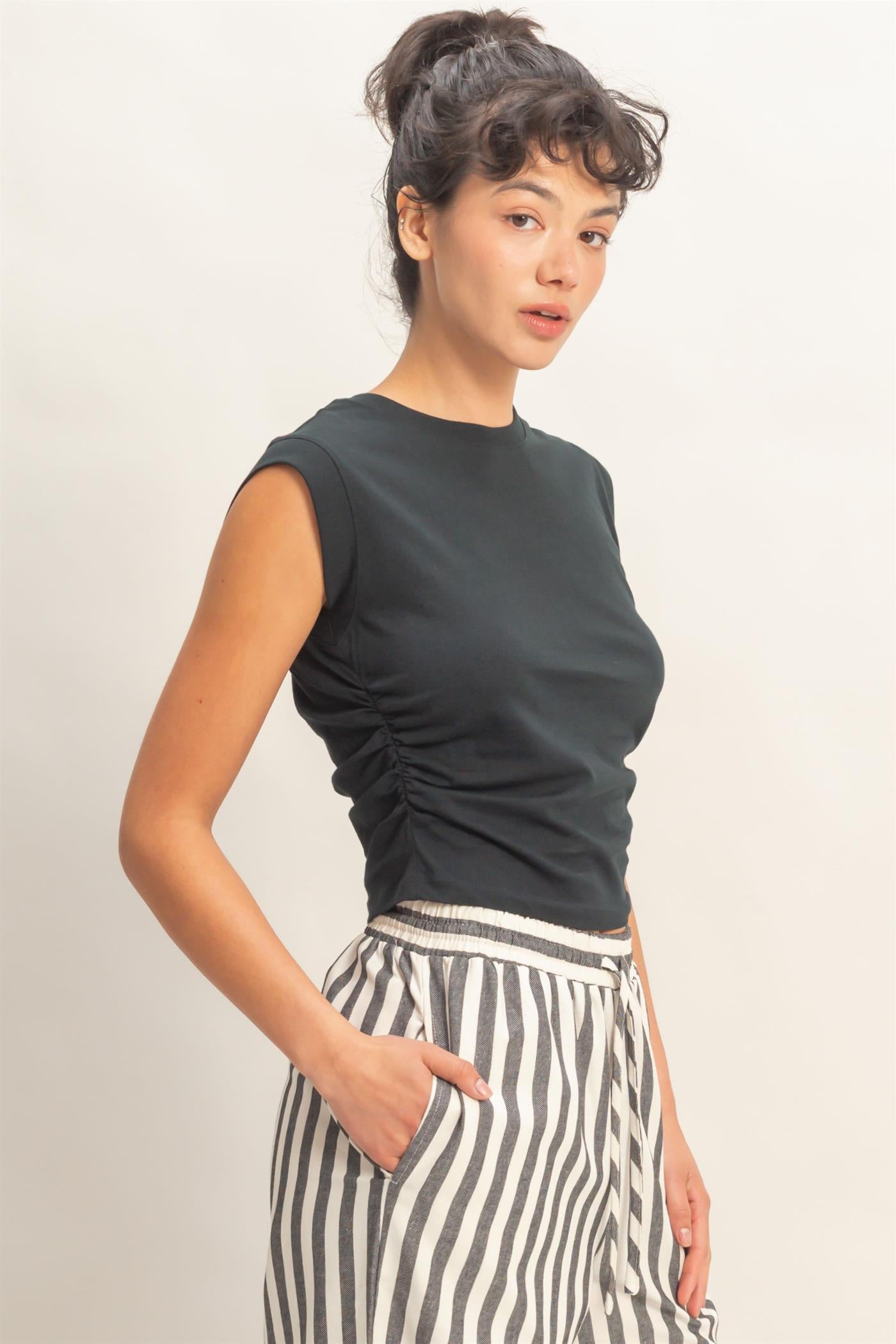 Wholesale Ruched Waist Sleeveless Cotton Top Clothing Tops DZ26C520 BLACK DOUBLE ZERO
