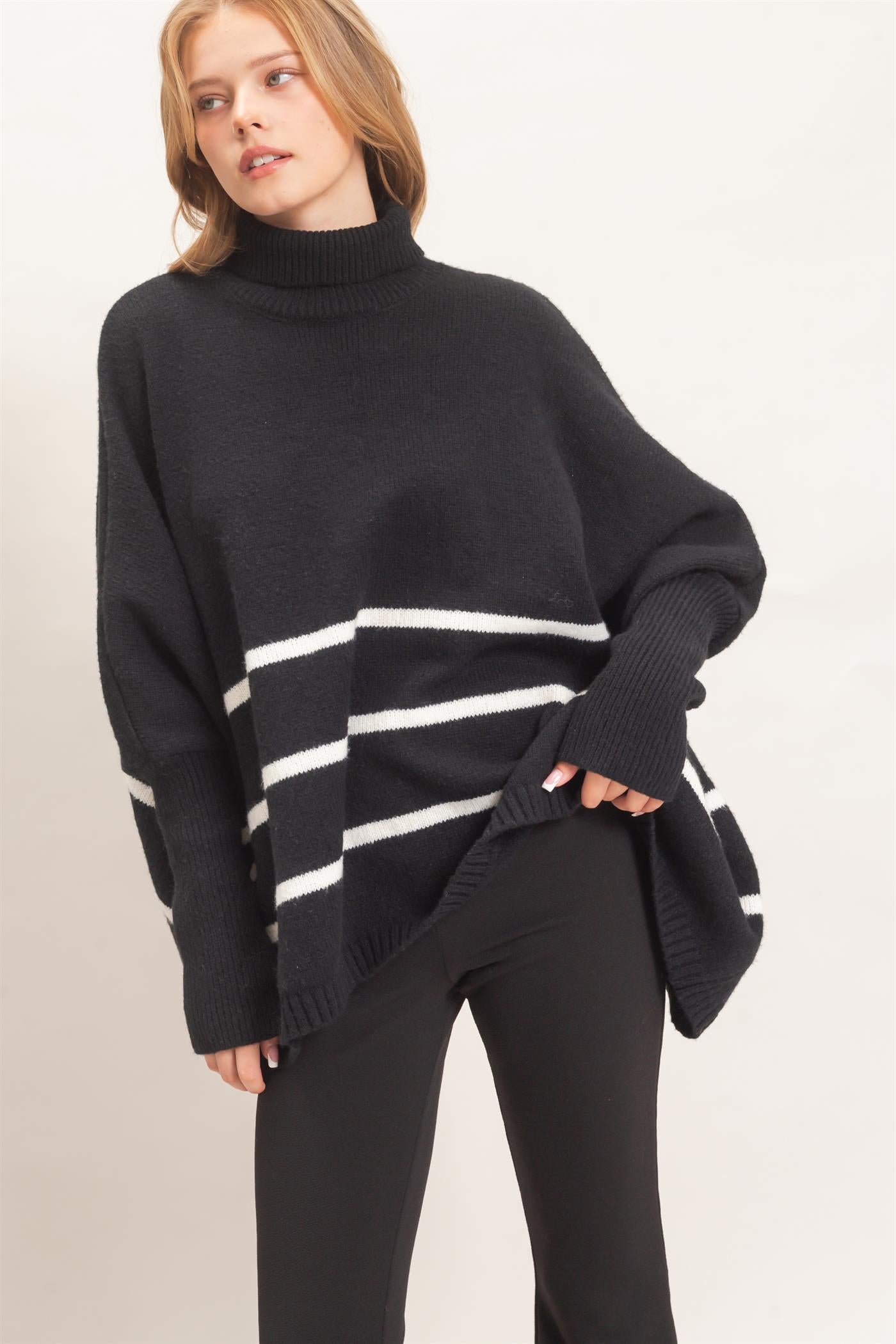 Wholesale Striped Turtleneck Poncho Sweater Sweaters HF26F194 BLACK HYFVE