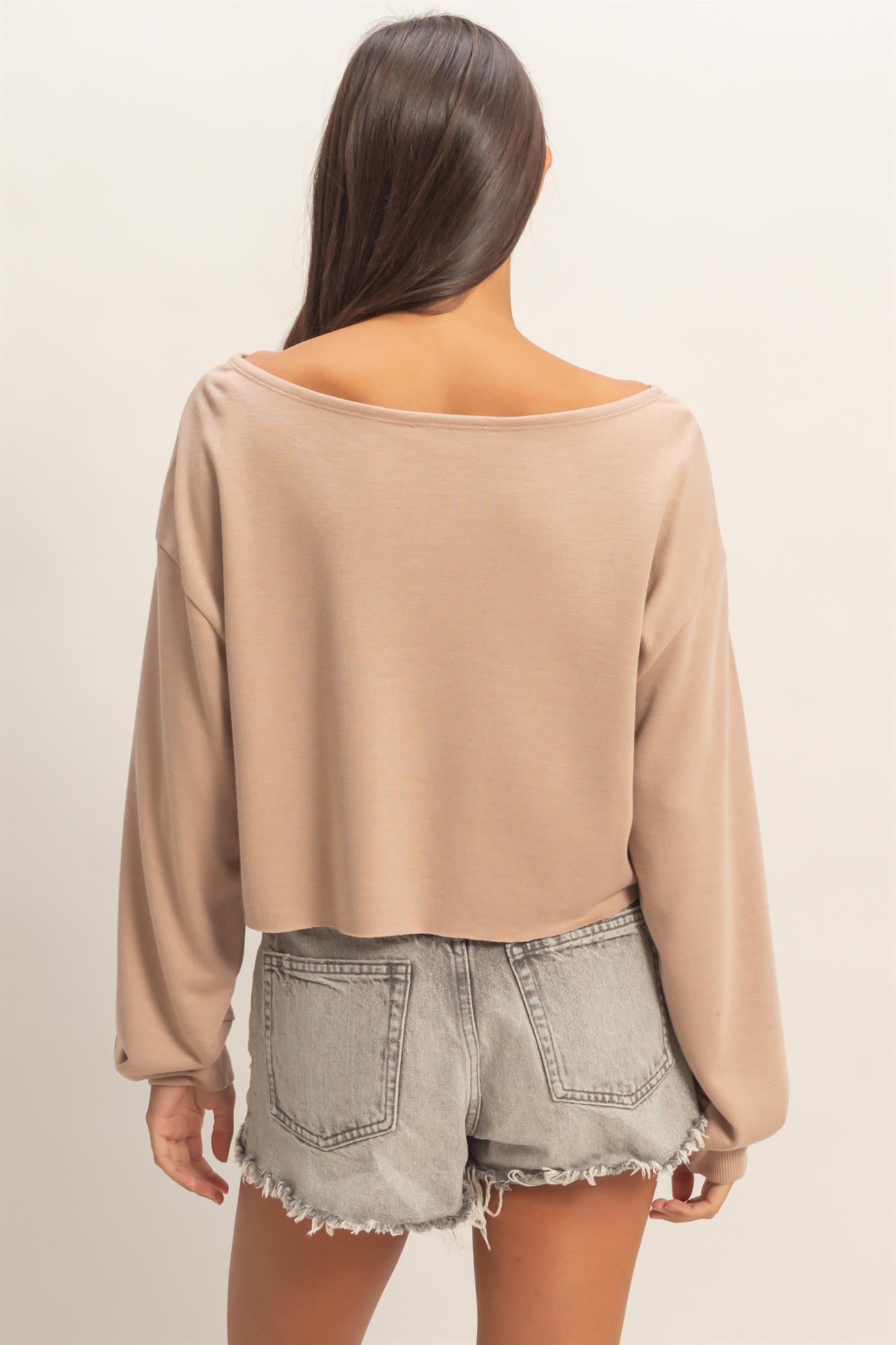 Wholesale Casually Cute Boat Neck Long Sleeve Top Clothing Tops DZ25C023 DARK TAUPE DOUBLE ZERO
