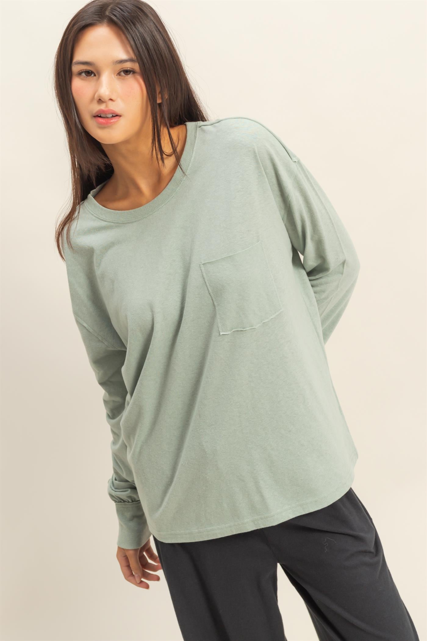 Wholesale Long Sleeve Pocket T-Shirt Clothing Tops DZ23G149 ICEBERG GREEN DOUBLE ZERO