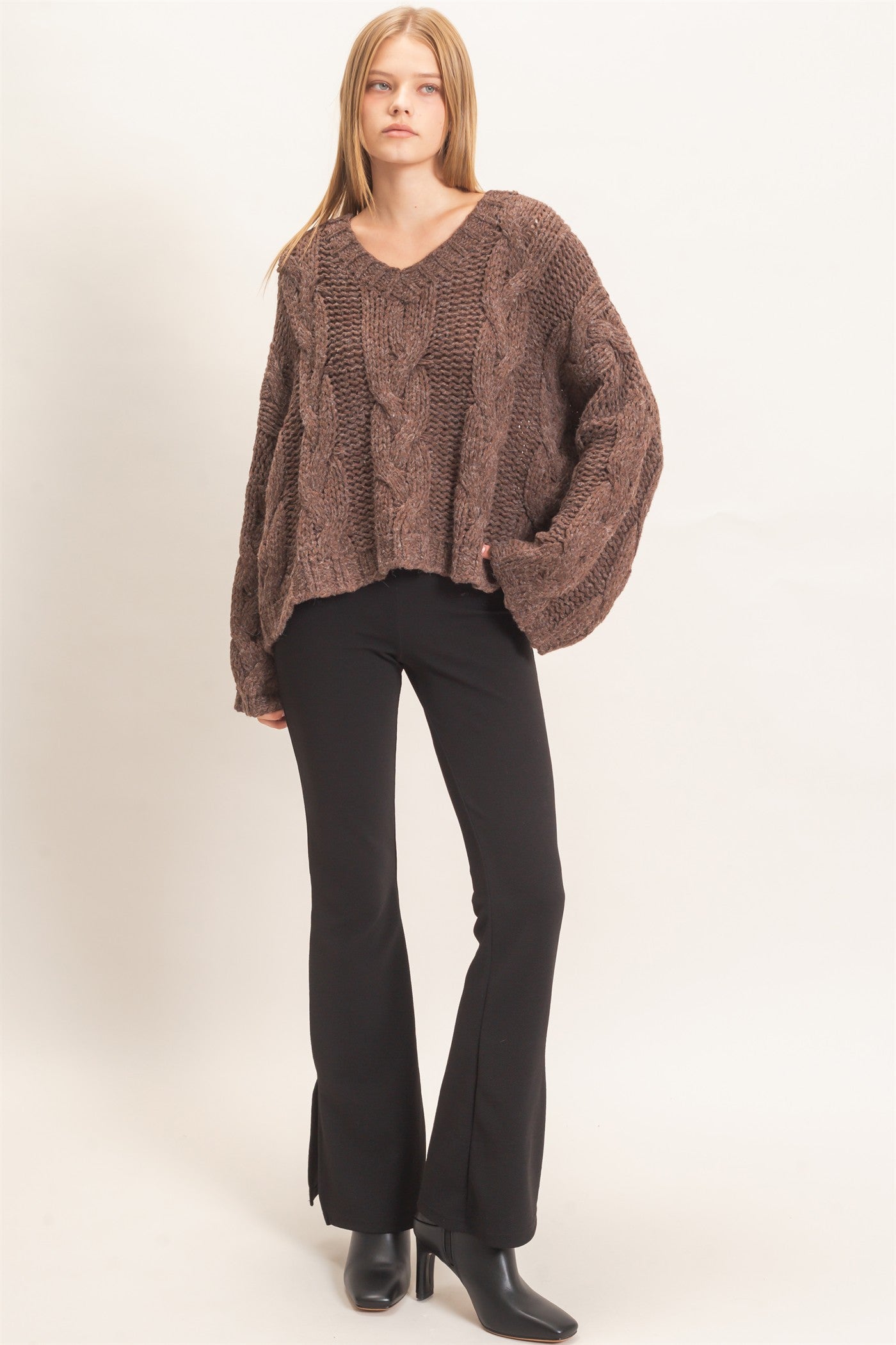 Wholesale Cable Knit V-Neck Sweater Sweaters HF26F175-D BROWN HYFVE