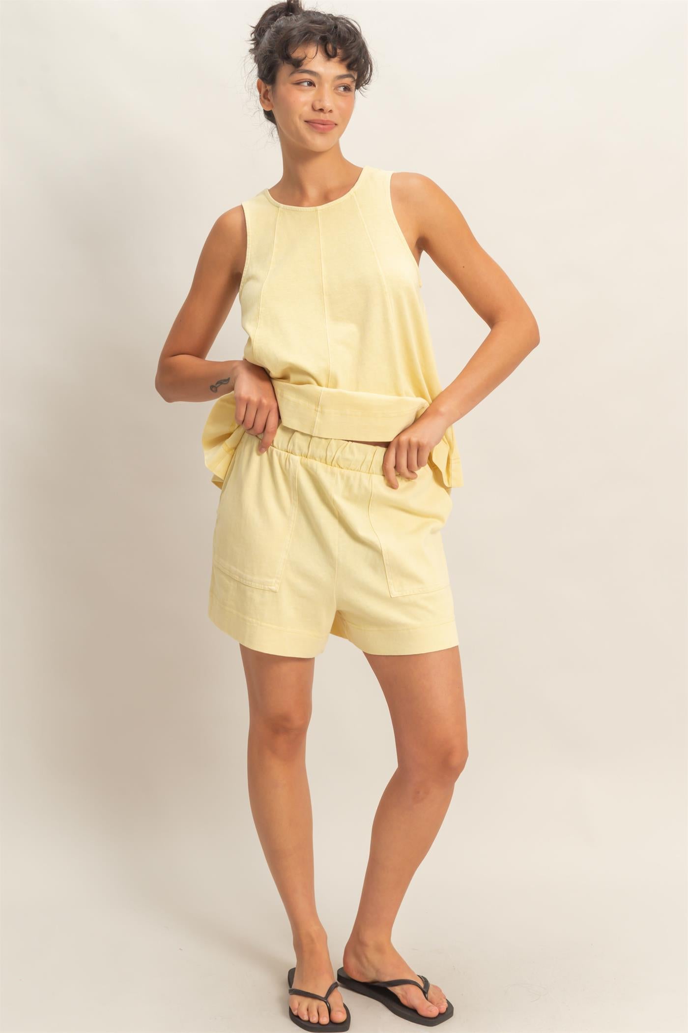 Wholesale Sleeveless Round Neck Top & Shorts Set Clothing DZ26C730-SET PALE YELLOW DOUBLE ZERO