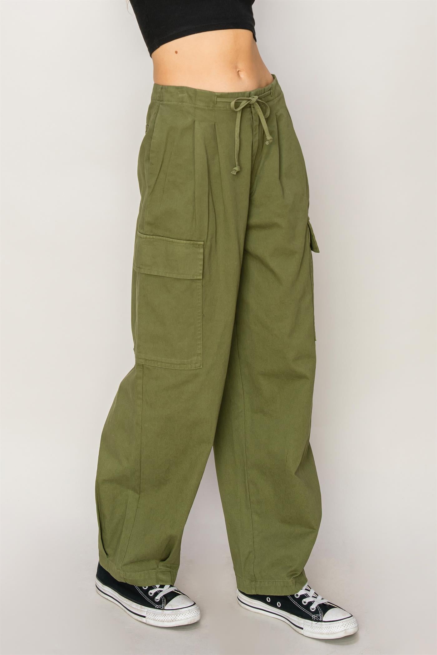Wholesale High Waist Drawstring Cargo Pants Pants DZ24A650 MOSS DOUBLE ZERO