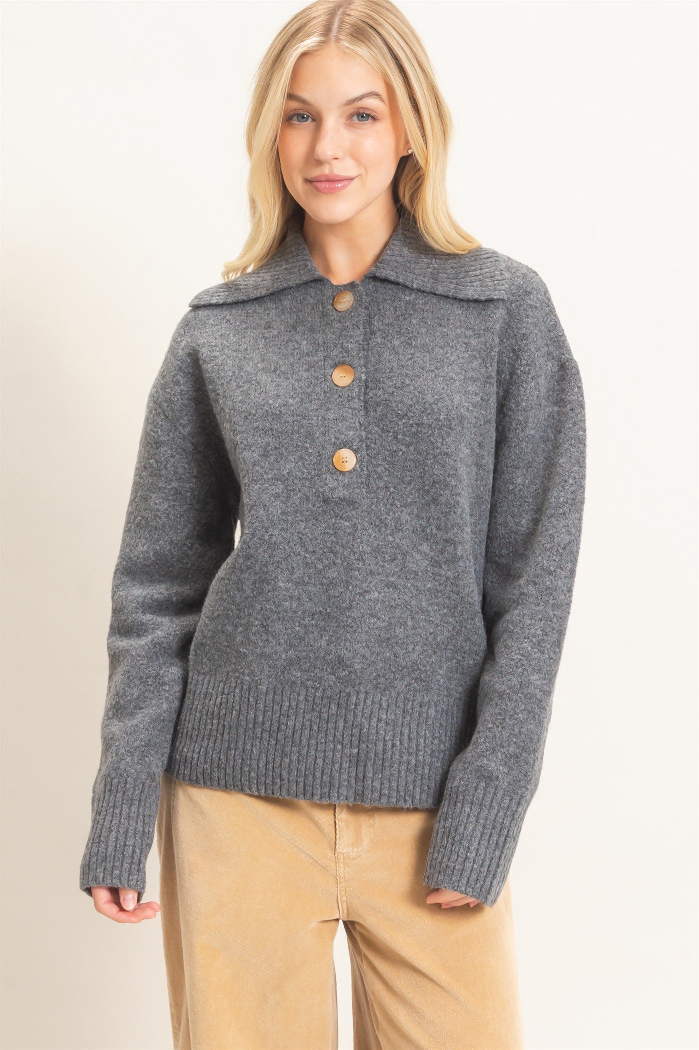 Wholesale Button-Up Collared Sweater Sweaters HF26E752 GRAY HYFVE