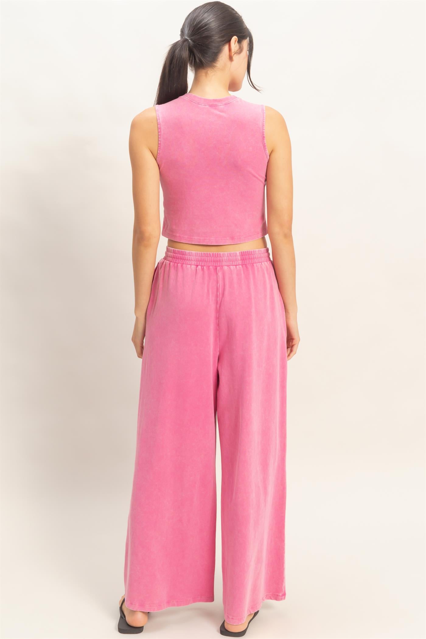 Wholesale Mineral Washed Sleeveless Top & Wide Leg Pants Set Clothing DZ26A371-SET FUCHSIA DOUBLE ZERO