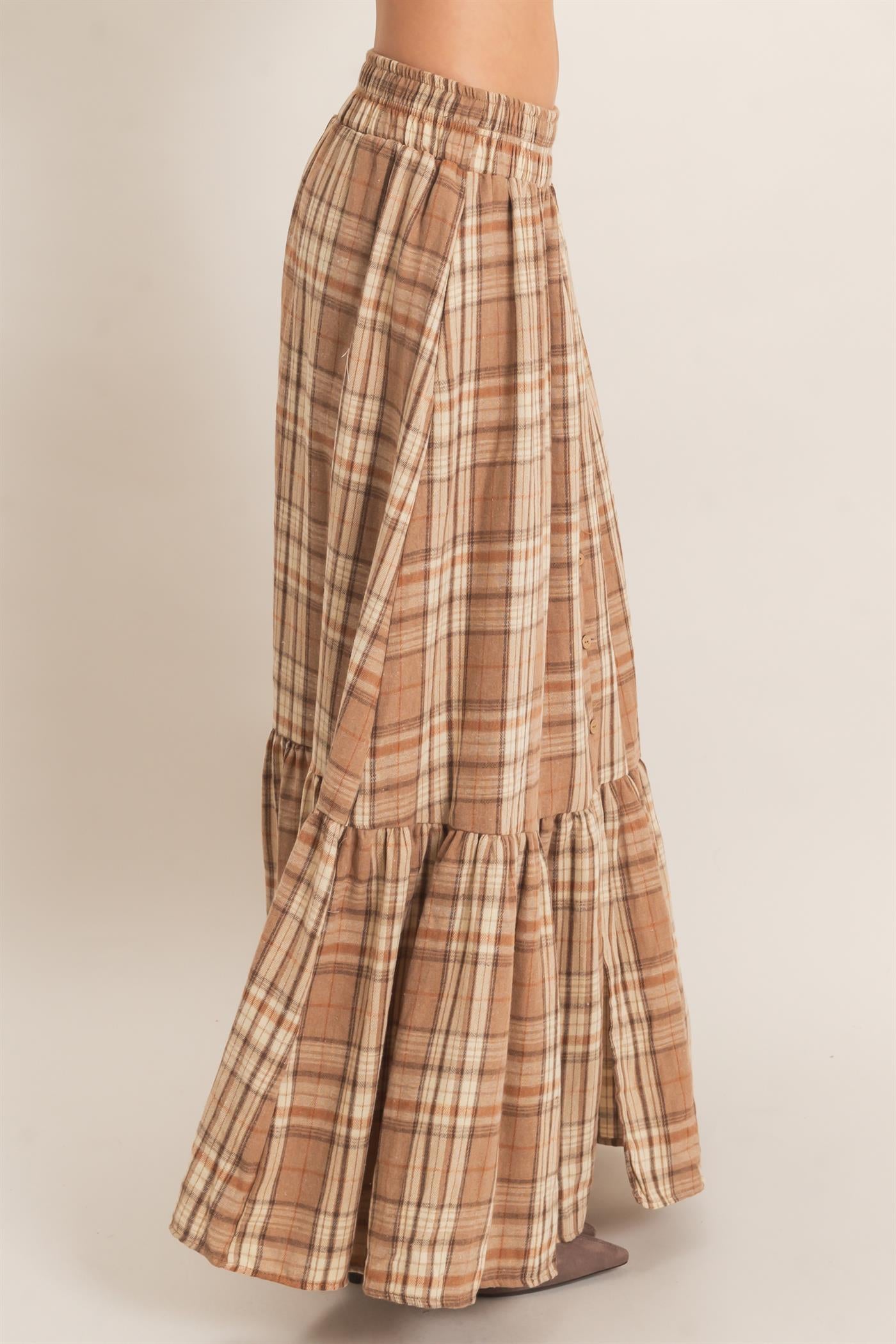 Wholesale Plaid Tiered Ruffle Skirt Skirts HF26E173 MOCHA HYFVE