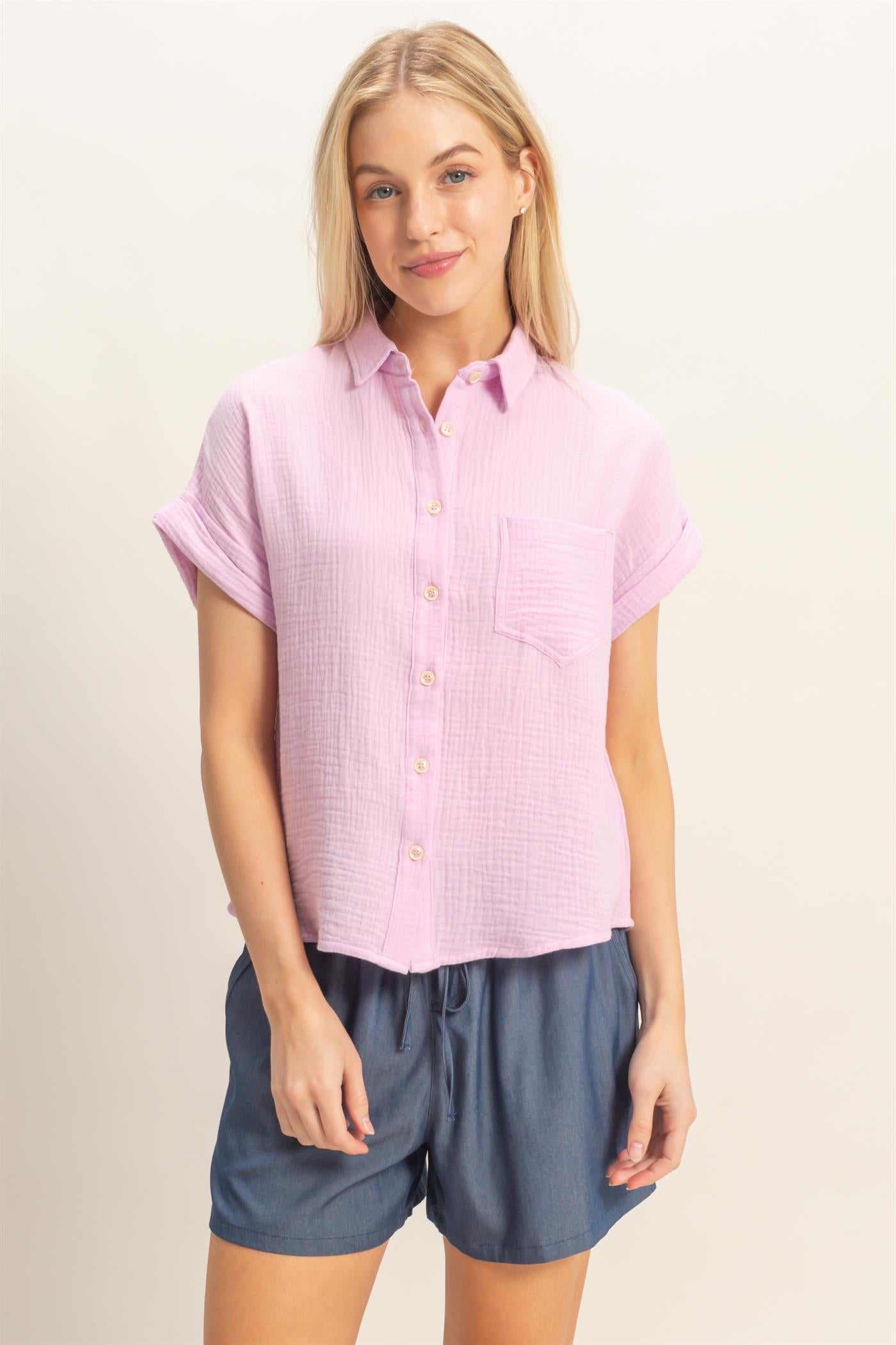 Wholesale Rolled Sleeve Button-Up Top Clothing Tops HF26E526 PINK HYFVE