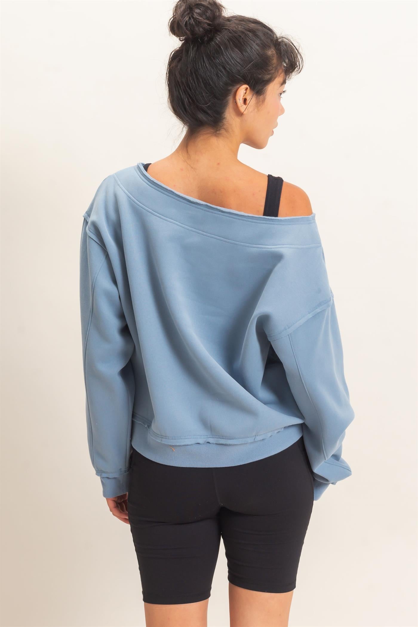 Wholesale Off Shoulder Sweatshirt Sweatshirts DZ26C880 DUSTY BLUE DOUBLE ZERO