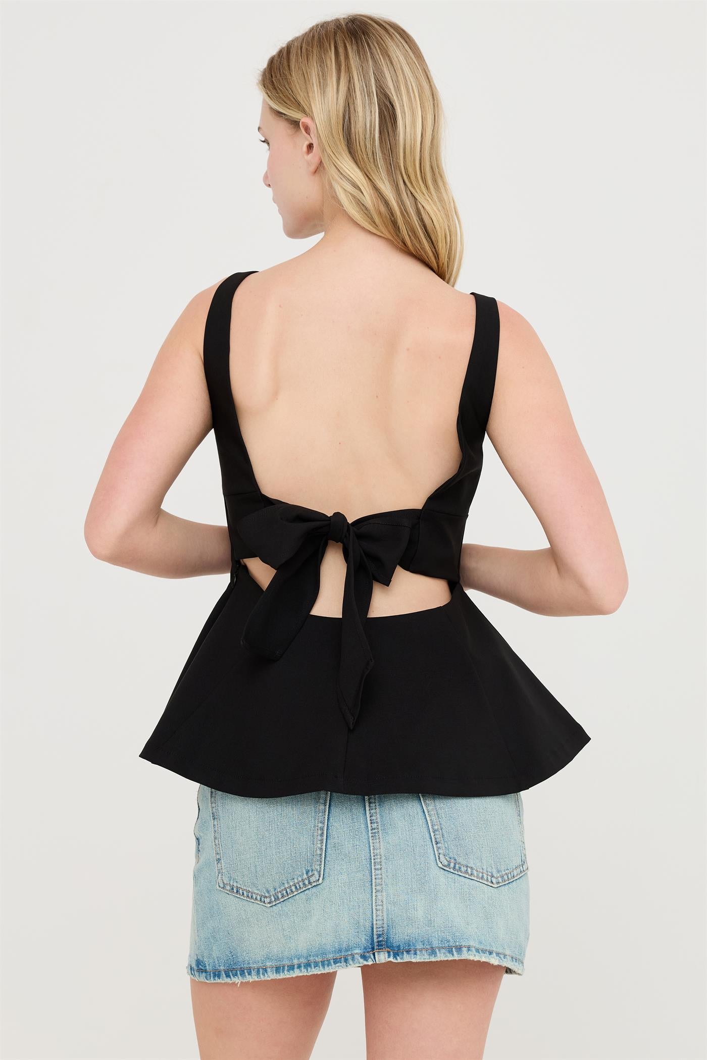 Wholesale Sleeveless Open Back Peplum Top Clothing Tops HF26A292 BLACK HYFVE