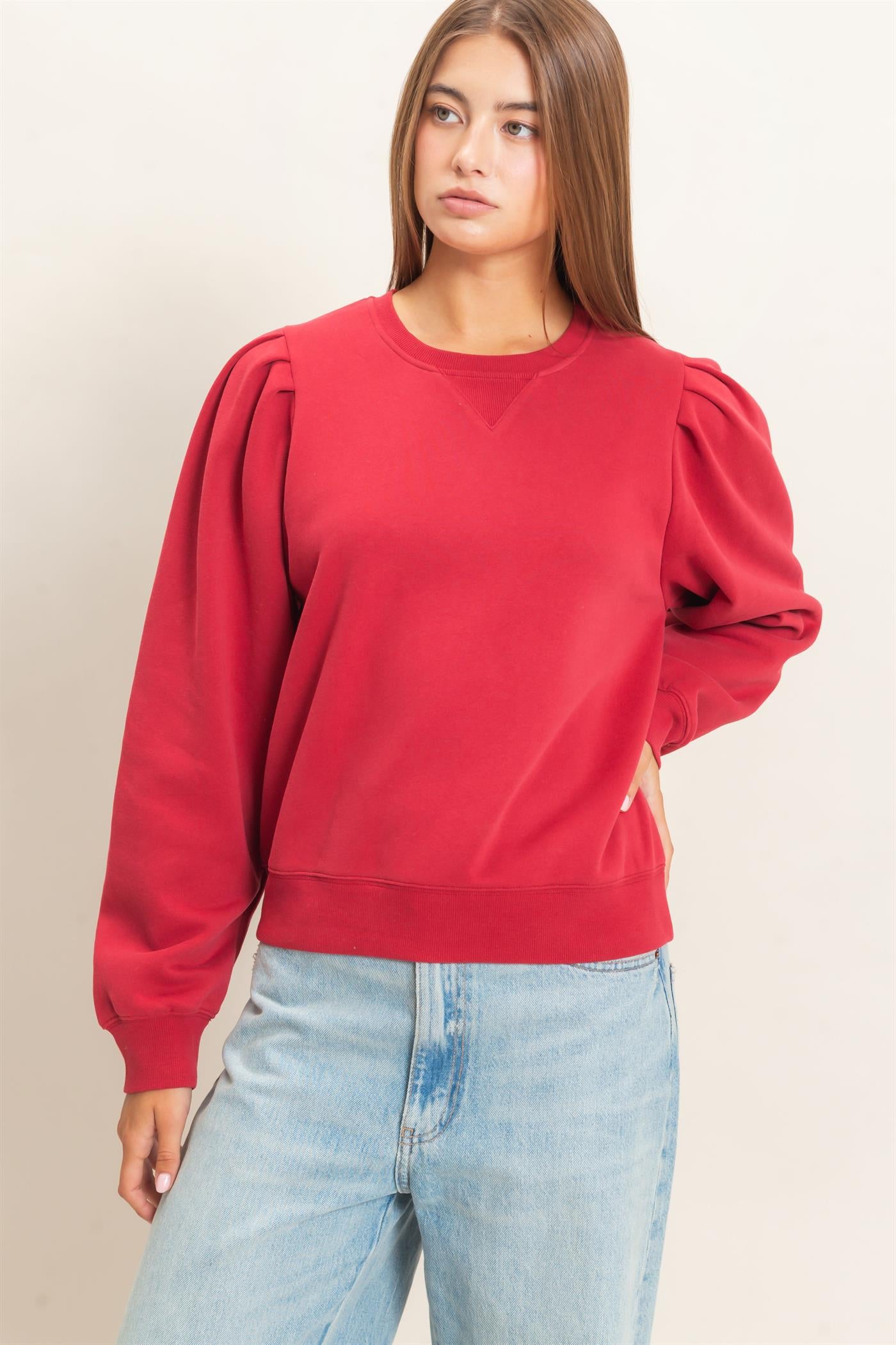 Wholesale Puff Sleeve Crew Neck Sweatshirt Sweatshirts DZ26E110 DARK RED DOUBLE ZERO