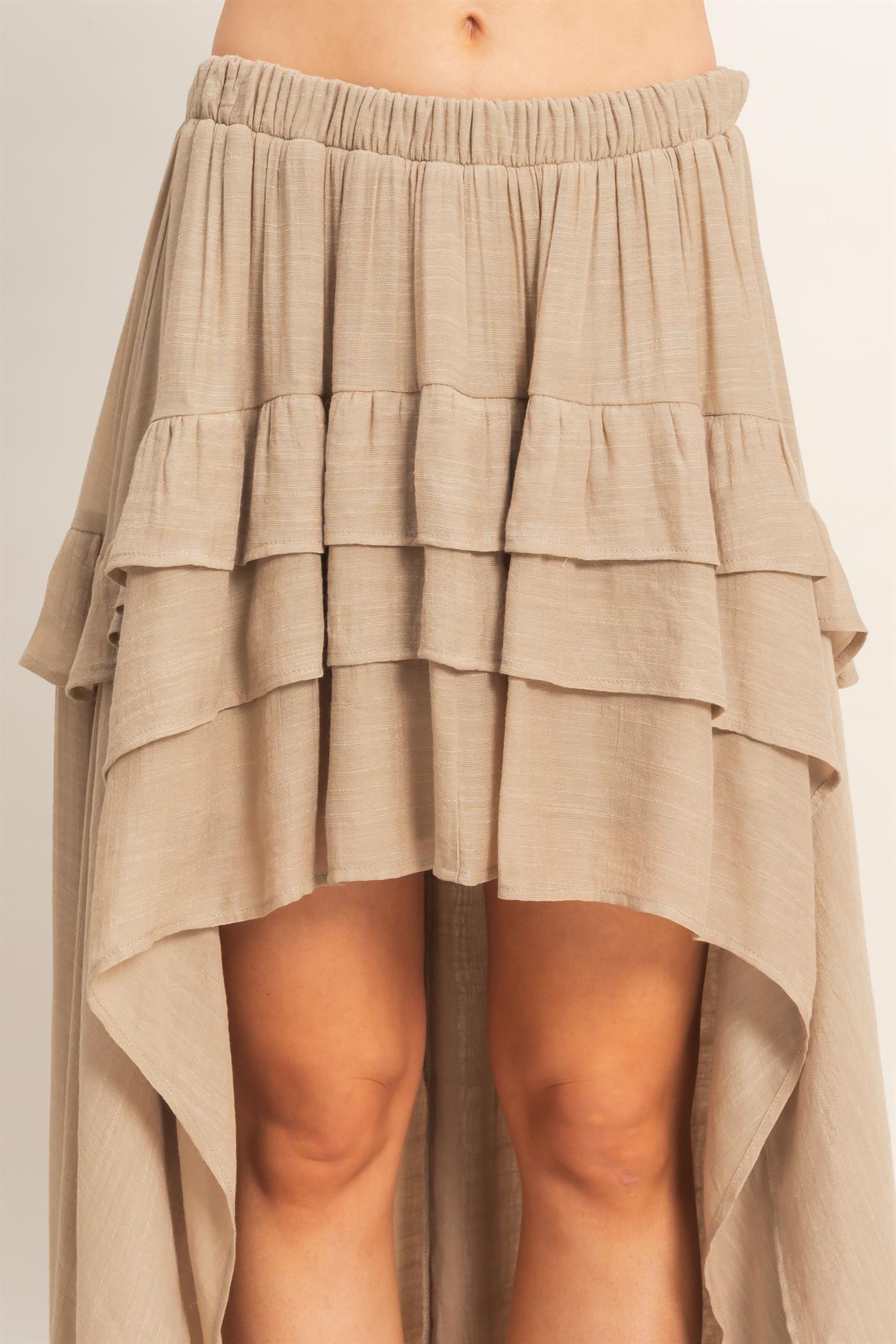 Wholesale Tiered Ruffle High-Low Skirt Skirts HF26C194 TAUPE HYFVE