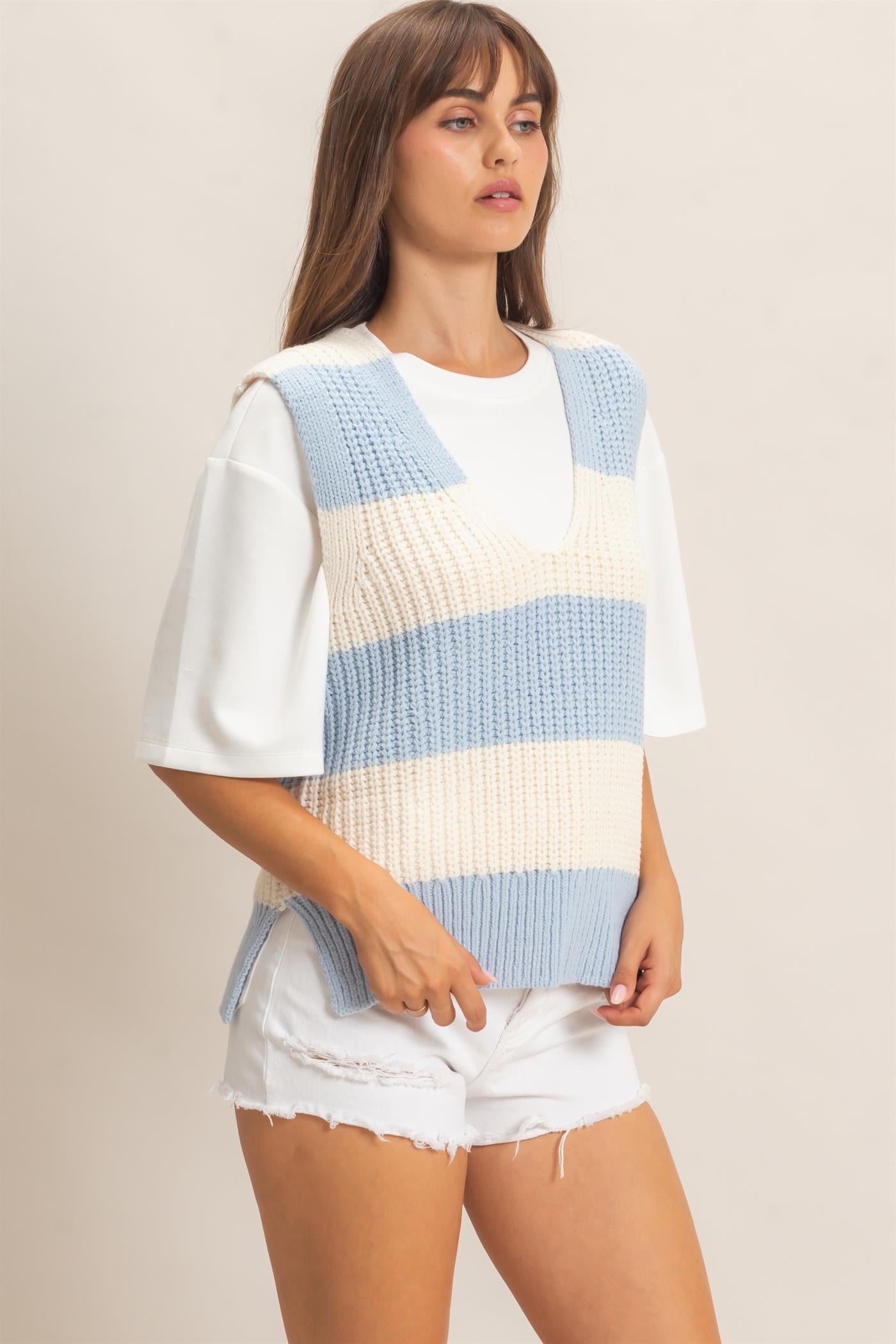 Wholesale V-Neck Striped Sweater Vest Sweaters HF26E482-D BLUE HYFVE