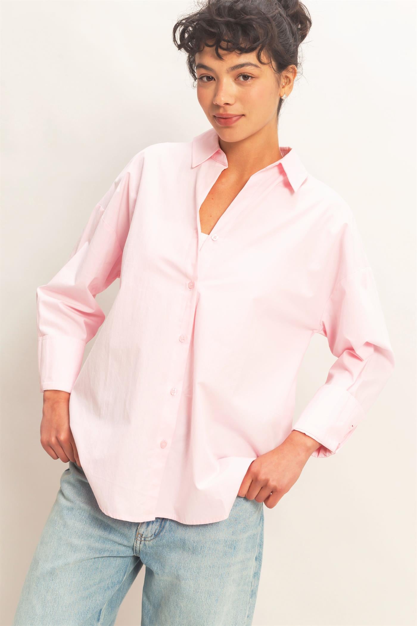 Wholesale Button Up Poplin Shirt Clothing Tops DZ26A330 SOFT PINK HYFVE