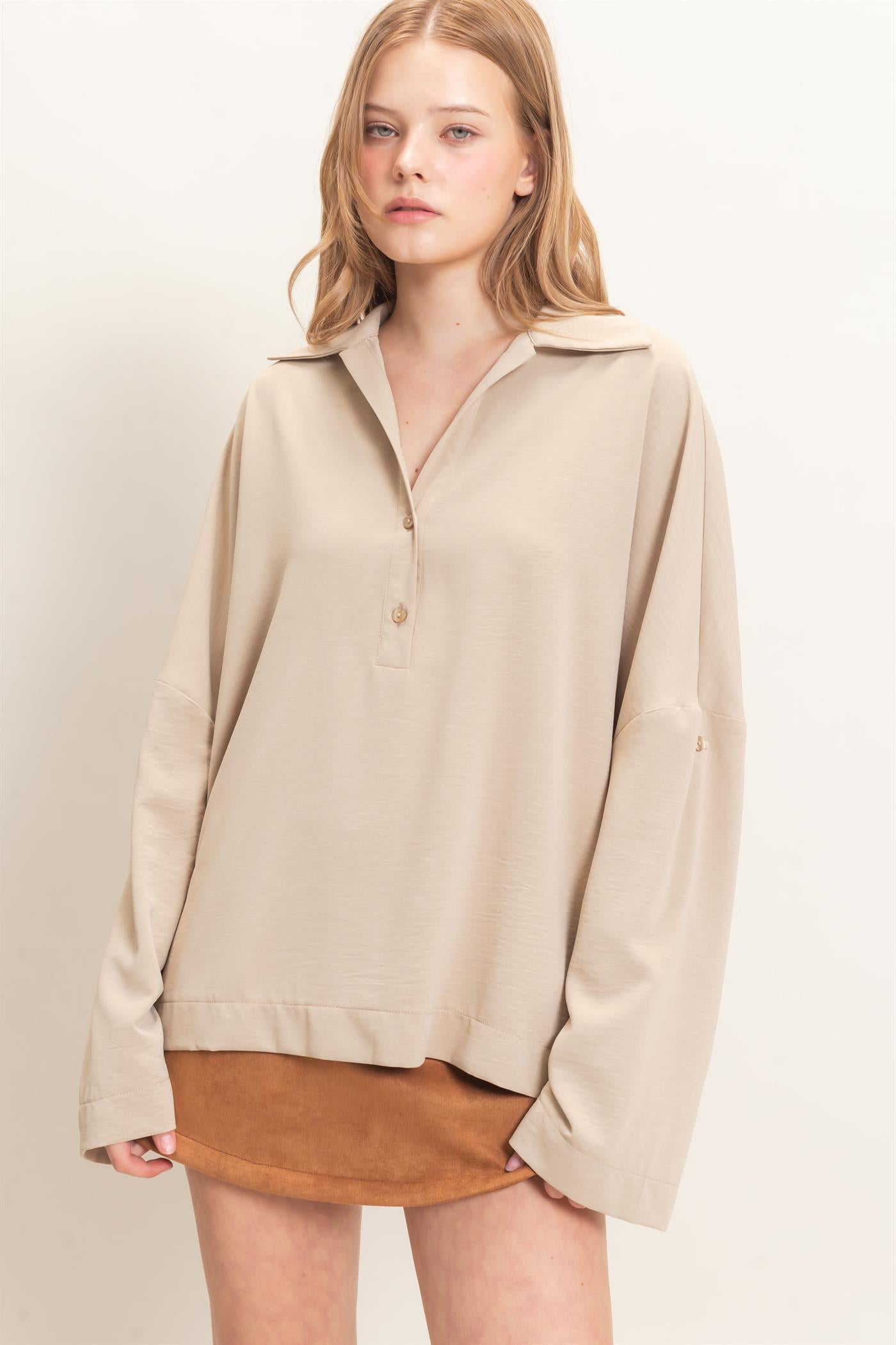 Wholesale Buttoned Collar Split Sleeve Top Clothing Tops HF26F071 BEIGE HYFVE