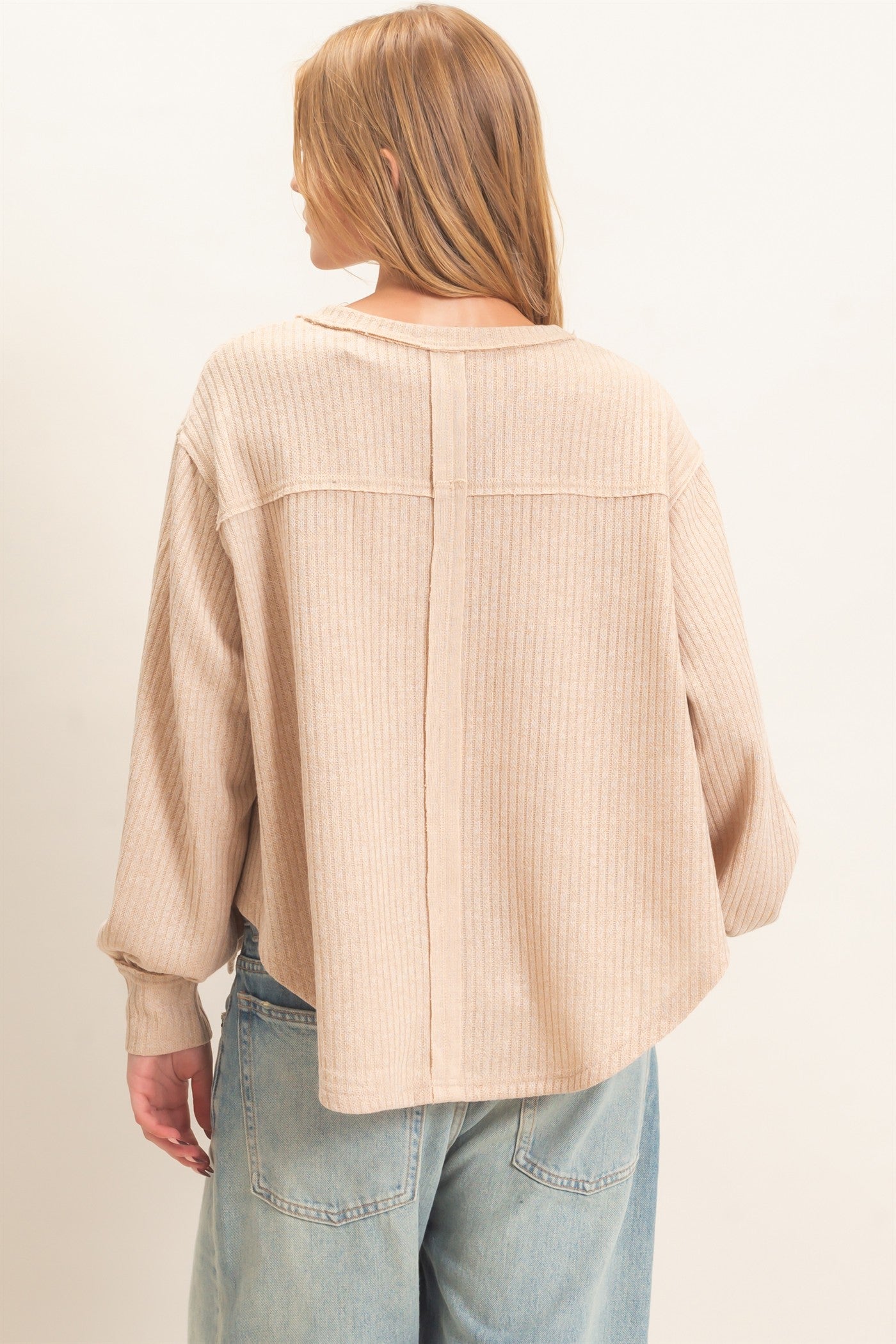 Wholesale Ribbed V-Neck Knit Top Shirts HF26F351 BEIGE HYFVE