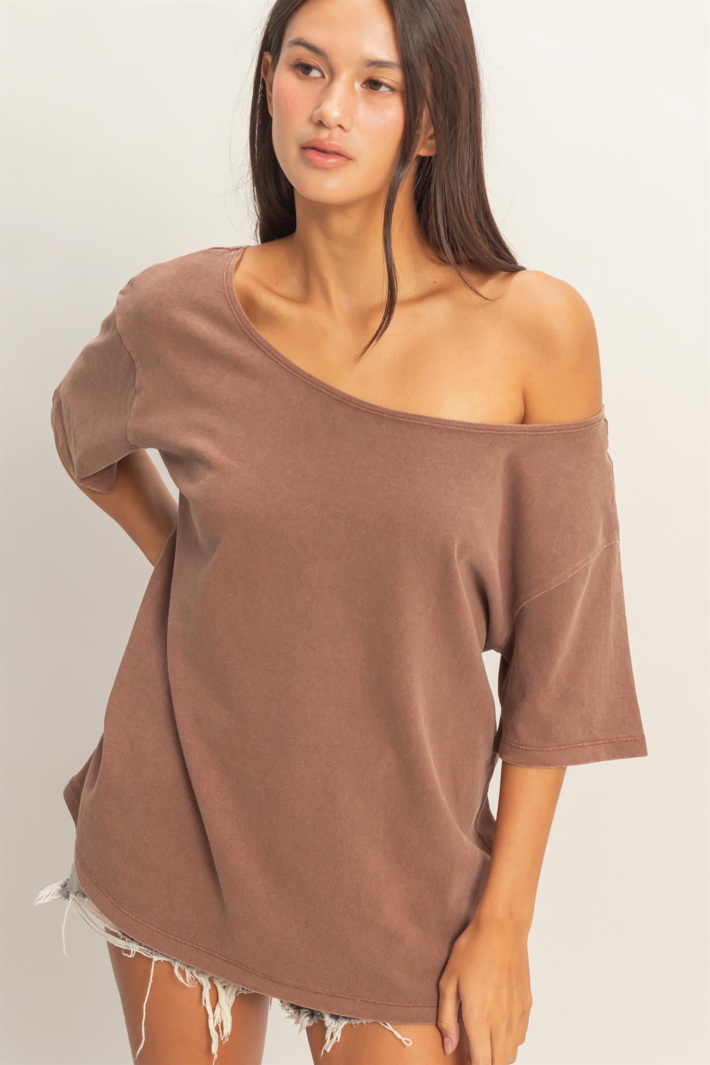 Wholesale Boat Neck Short Sleeve Basic Tee Clothing Tops DZ25E242 CHESTNUT DOUBLE ZERO