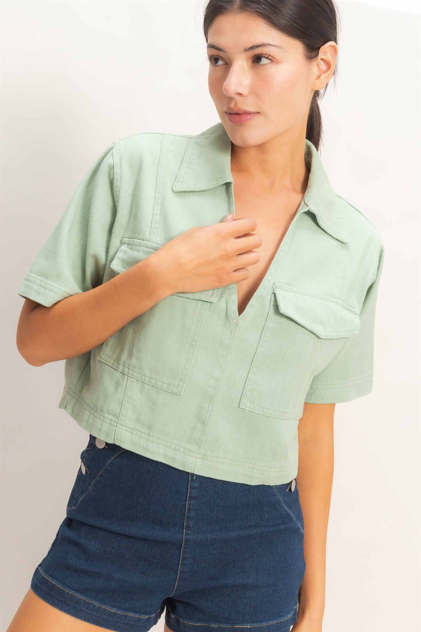 Wholesale Collared V-Neck Top Clothing Tops HF26E444 SAGE HYFVE