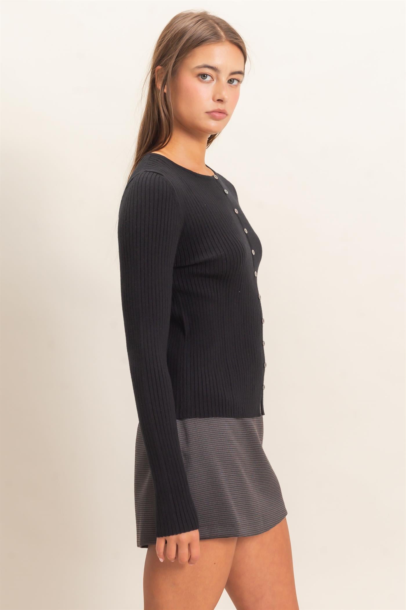 Wholesale Ribbed Button Front Cardigan Cardigans DZ26E322 BLACK DOUBLE ZERO
