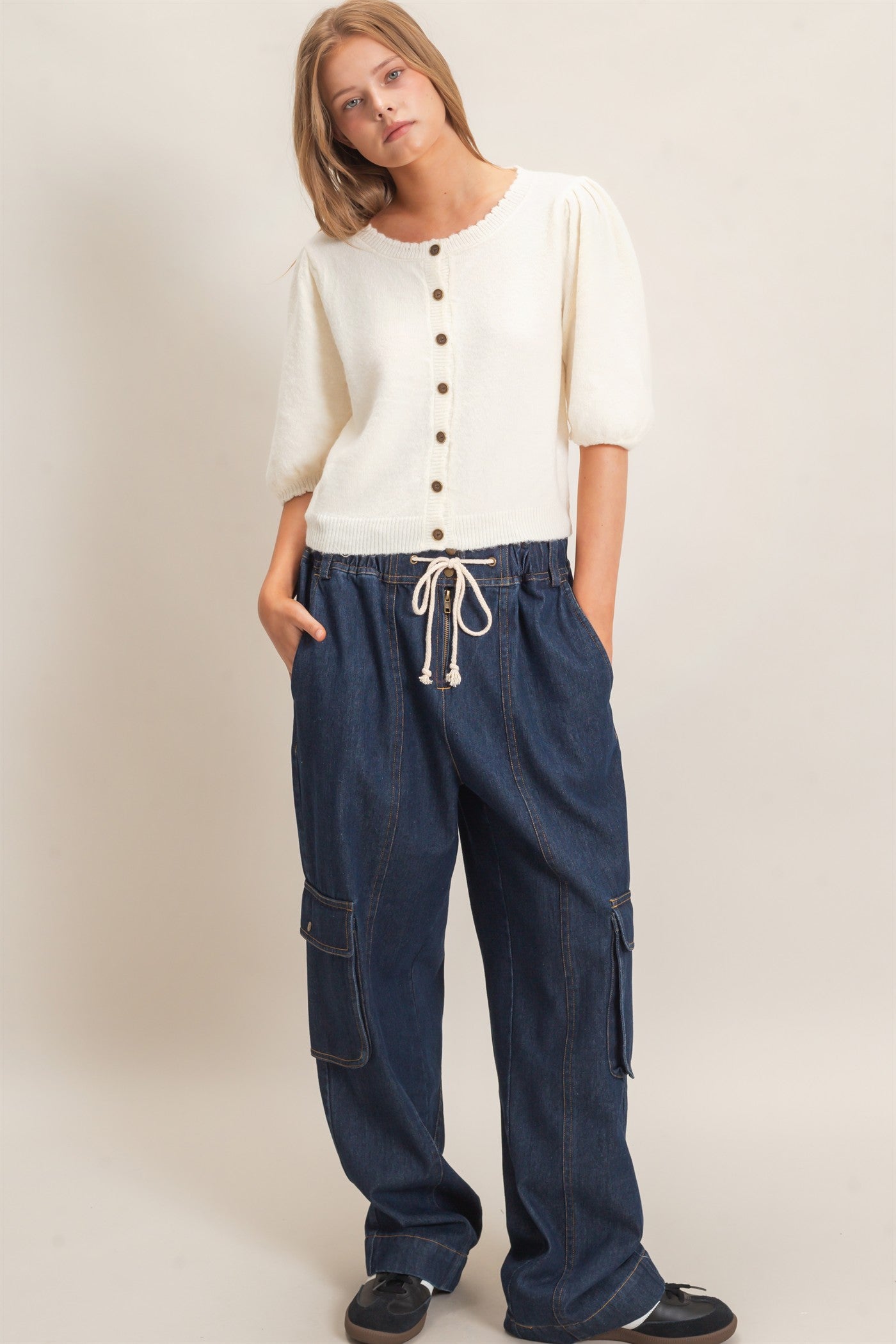 Wholesale Button-Up Puff Sleeve Sweater Cardigan Cardigans HF26E165 CREAM HYFVE