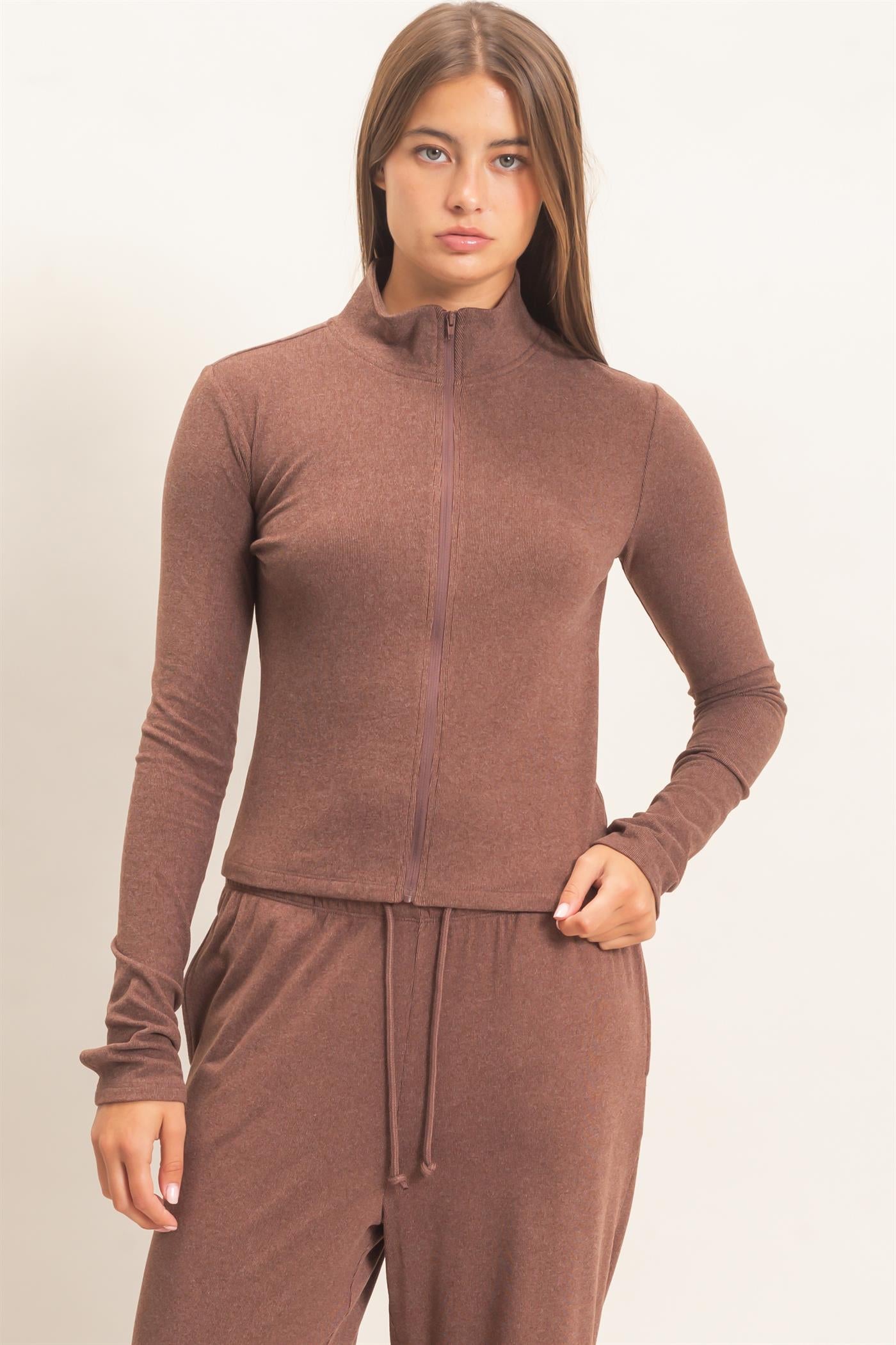 Wholesale Mock Neck Long Sleeve Zip Up Top Clothing Tops DZ26E911 DARK BROWN DOUBLE ZERO