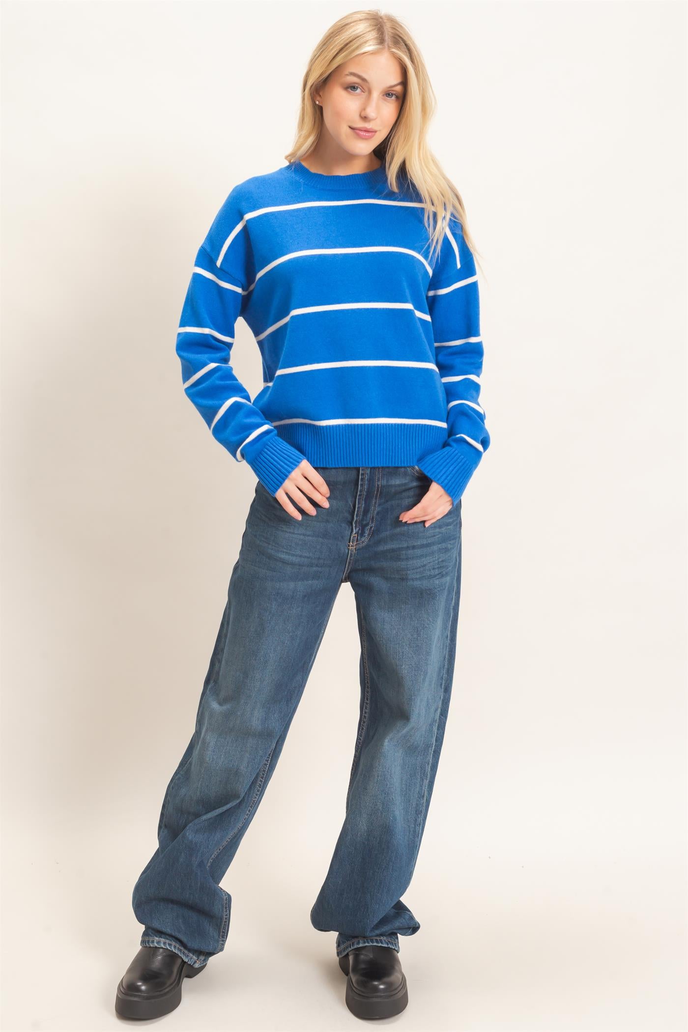 Wholesale Striped Ribbed Crew Neck Sweater Sweaters HF26F169 BLUE HYFVE