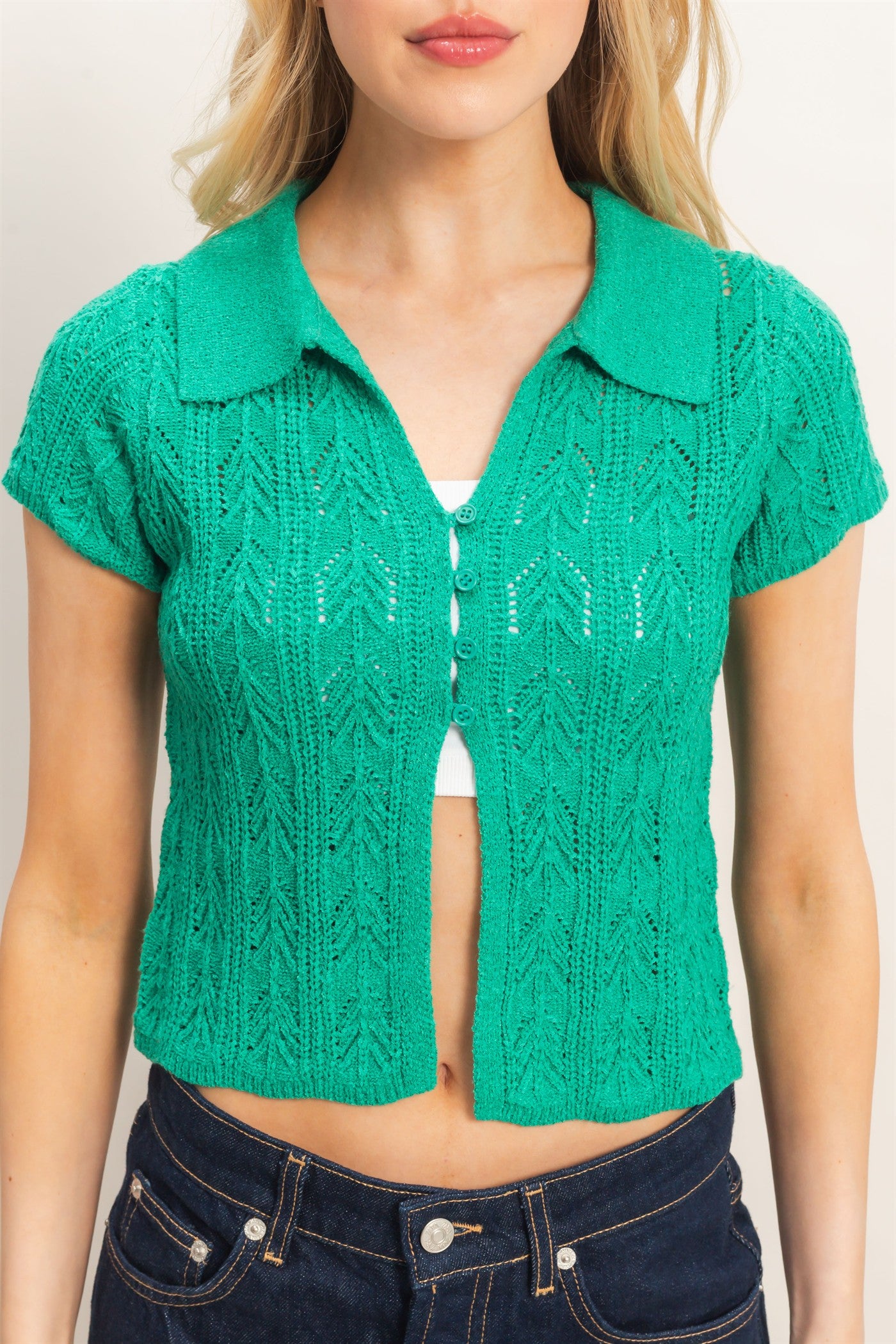 Wholesale Pointelle Knit Collared Cardigan Clothing Tops HF26A856 GREEN HYFVE