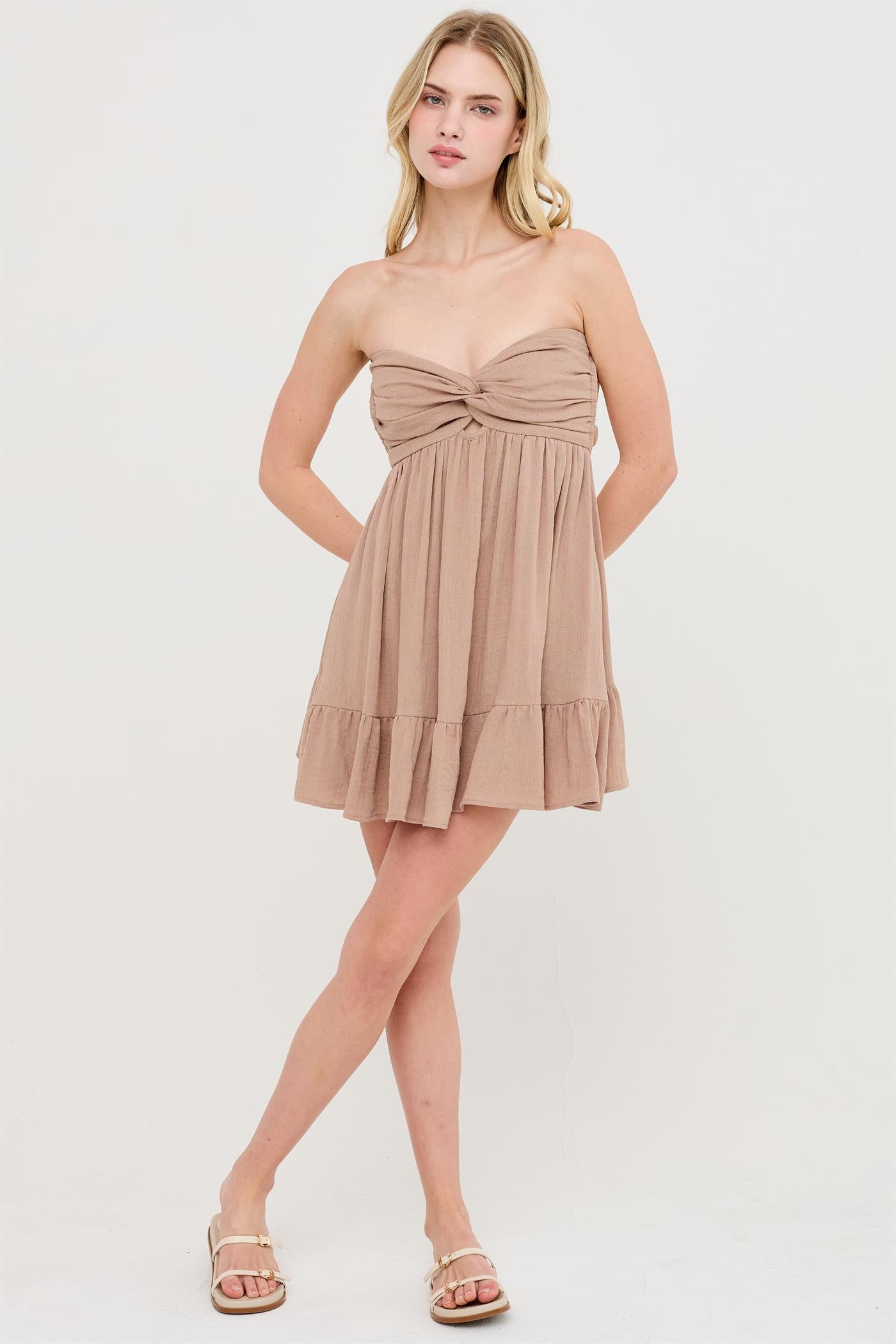 Wholesale Twist Front Mini Dress Dresses HF26C118-D LIGHT BROWN HYFVE