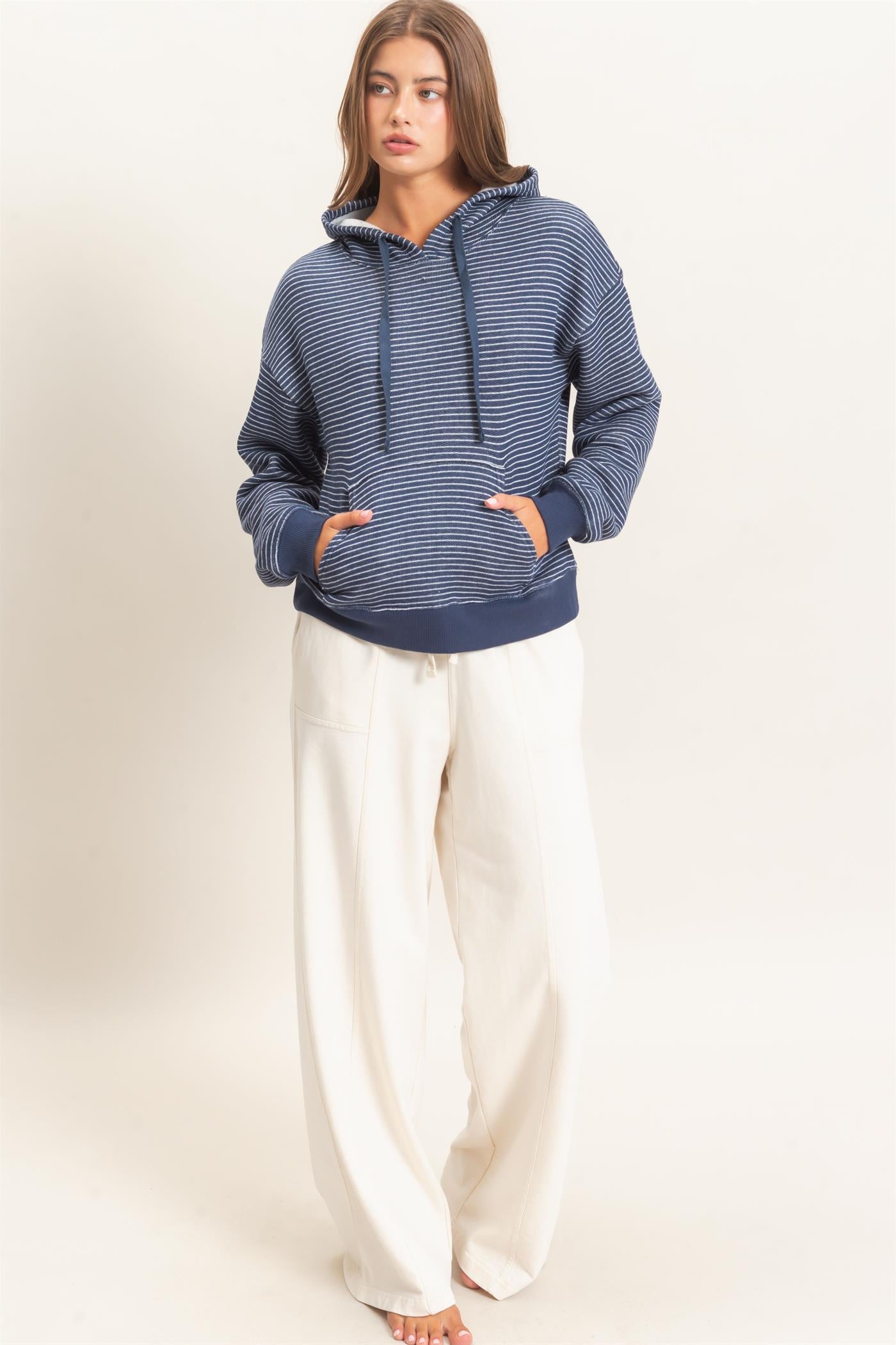Wholesale Striped French Terry Hoodie Hoodies DZ26C619 NAVY DOUBLE ZERO