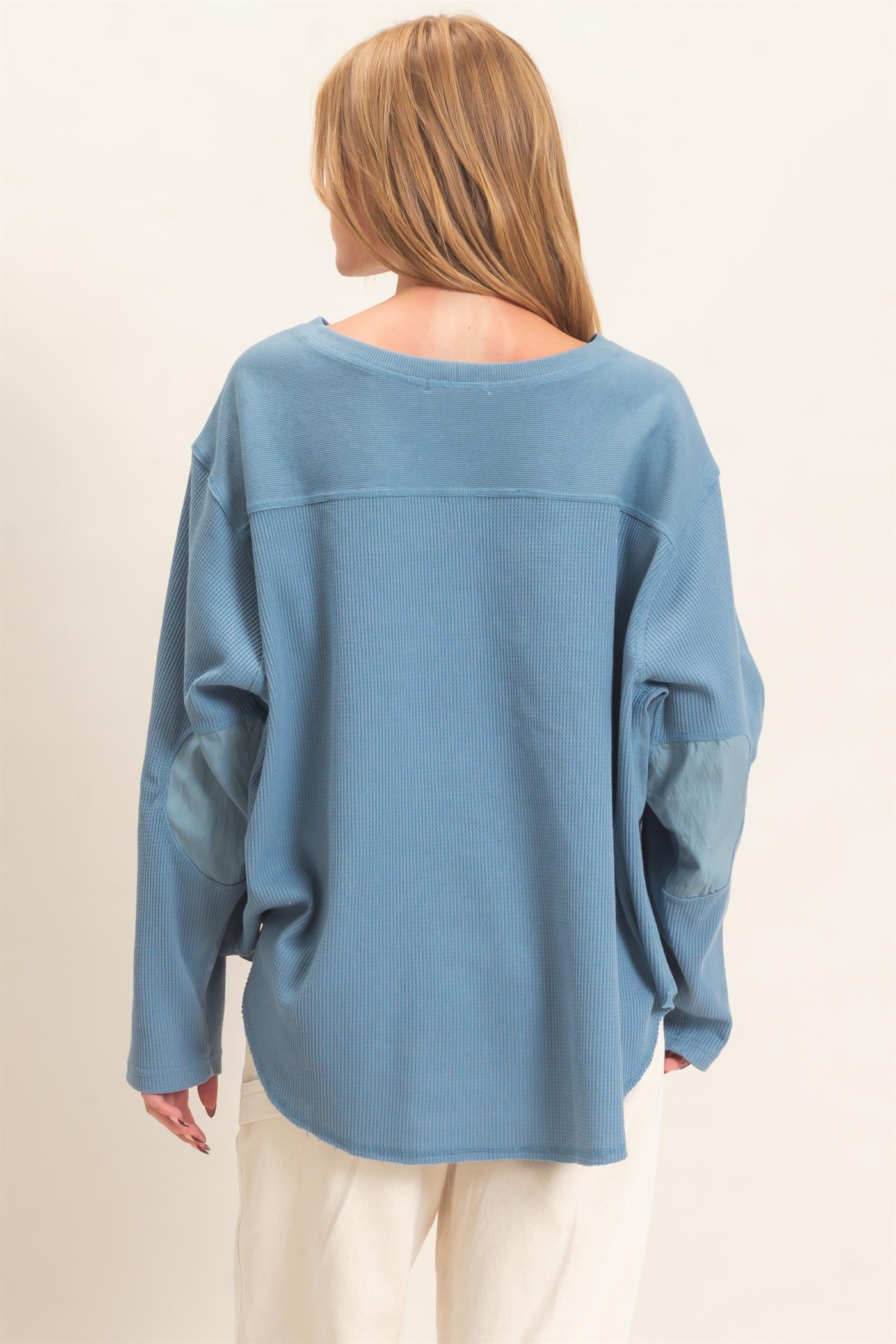 Wholesale Waffle Knit Crew Neck Top Clothing Tops HF26E078 BLUE HYFVE