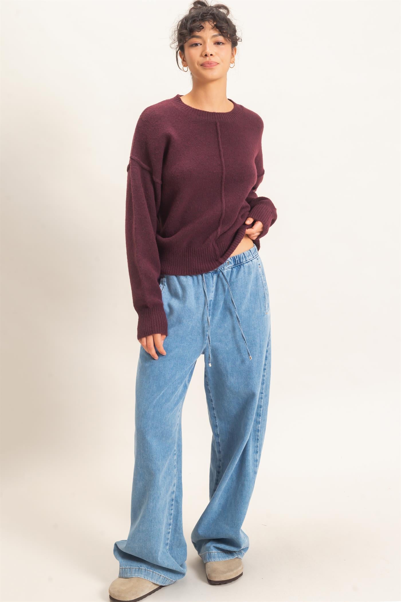 Wholesale Crew Neck Seam Detail Sweater Sweaters DZ26E240 DARK CHERRY DOUBLE ZERO