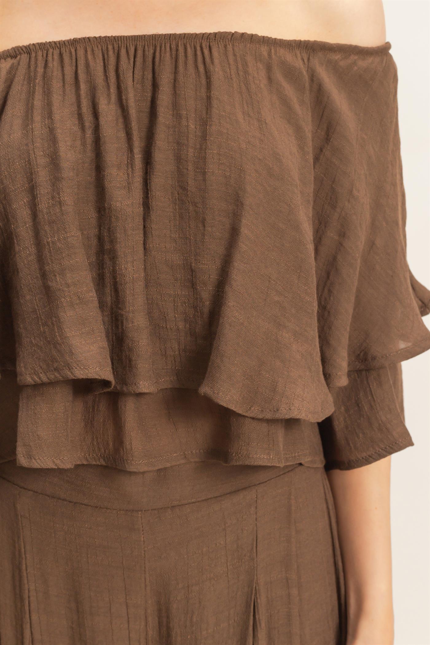 Wholesale Off Shoulder Top & Pleated Pant Set Clothing HF26C291-SET-D CHOCOLATE HYFVE