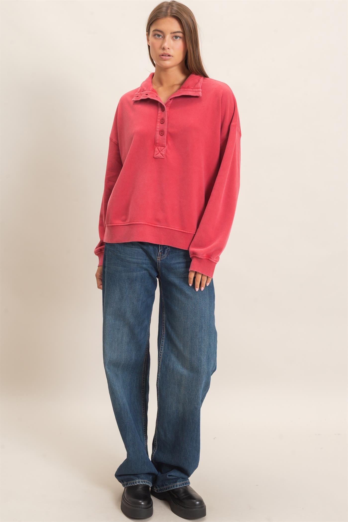 Wholesale Mineral Wash Button Front Sweatshirt Sweatshirts DZ26C909 DARK RED DOUBLE ZERO